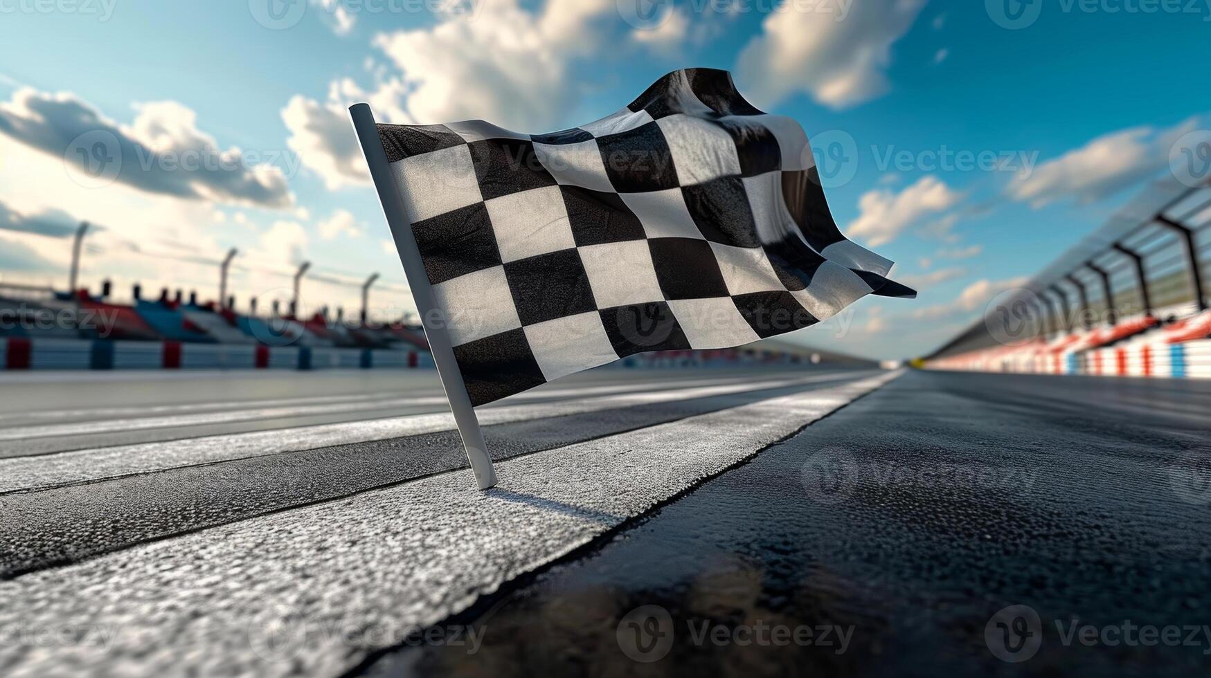 The checkered flag waving vigorously in the breeze signaling the end of the race and the final chance for the trailing cars to make their move photo