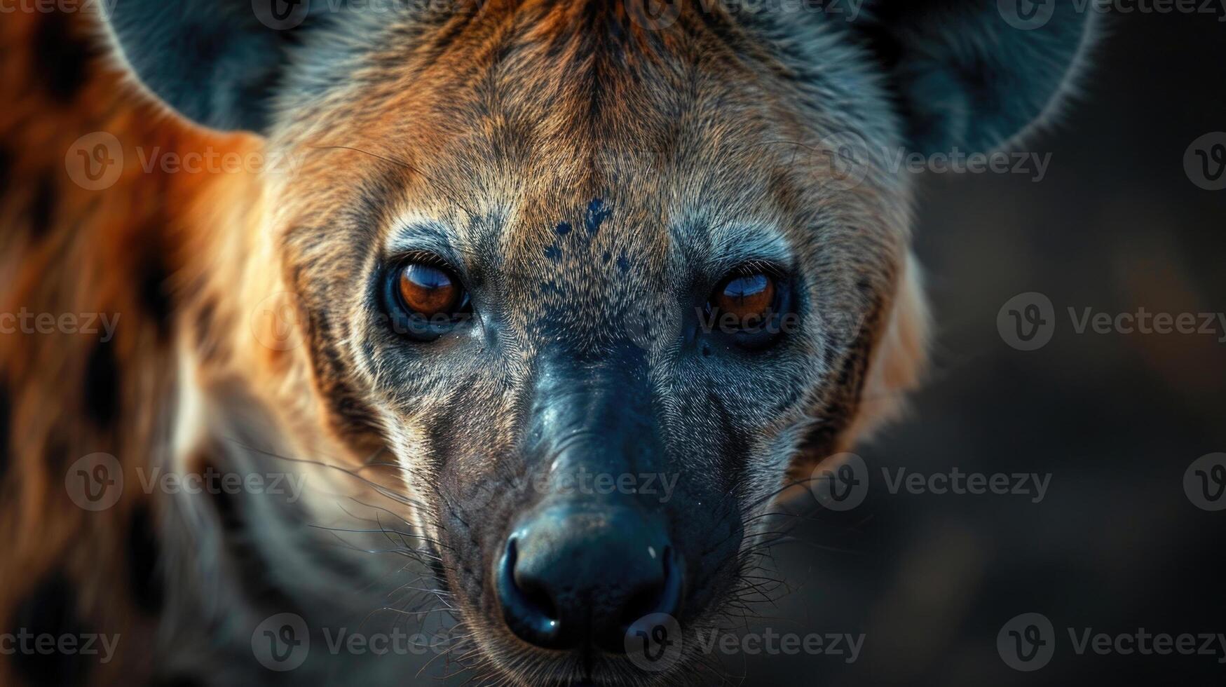 A hyenas eyes fixated on its surroundings the pupils dilating to take in as much light as possible. In low light conditions their heightened senses are crucial for survival photo