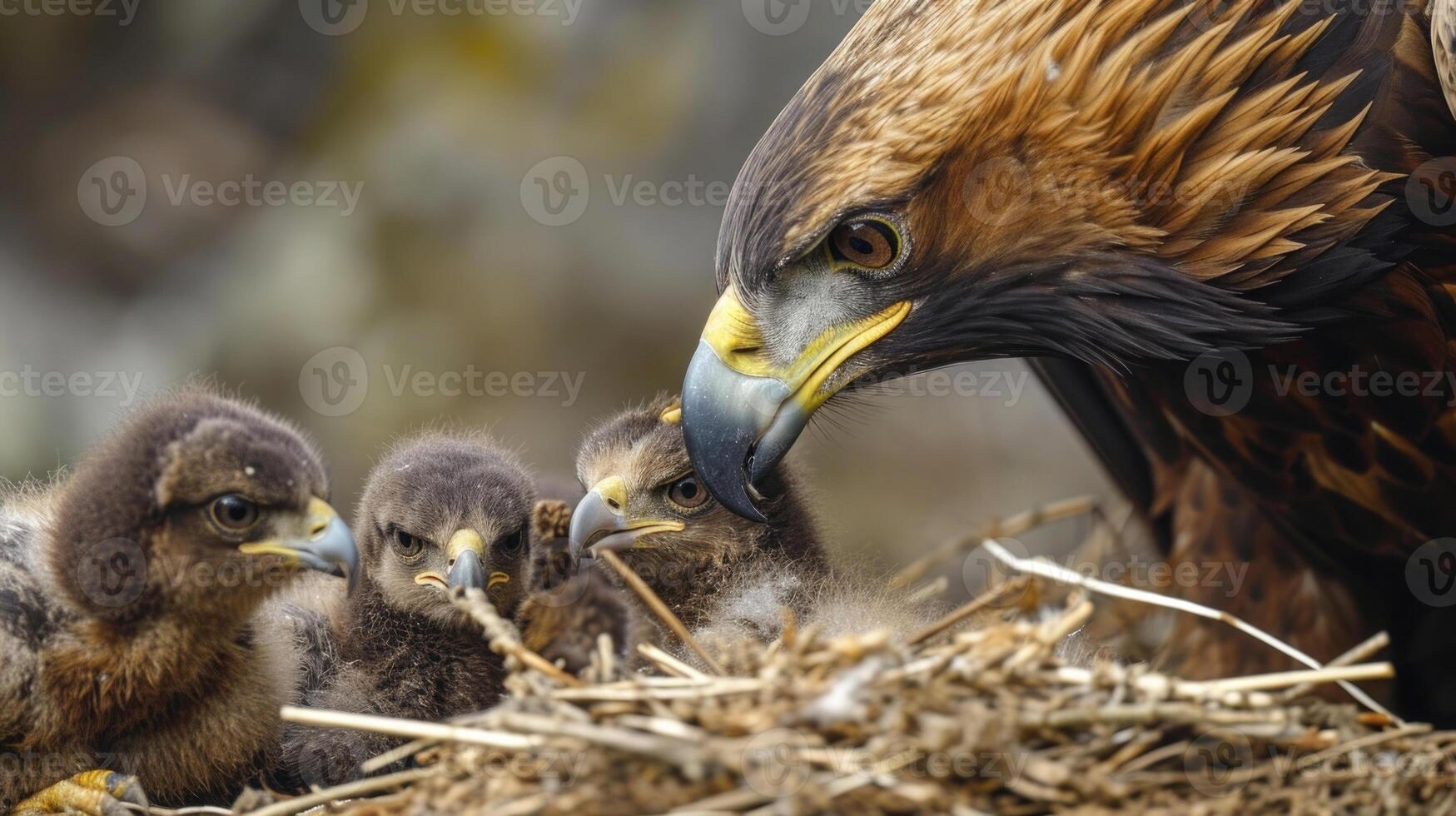 Closeup of a mother Golden Eagle carefully feeding regurgitated food to her hungry chicks her beak gently nudging the little ones as they eagerly peck for sustenance photo