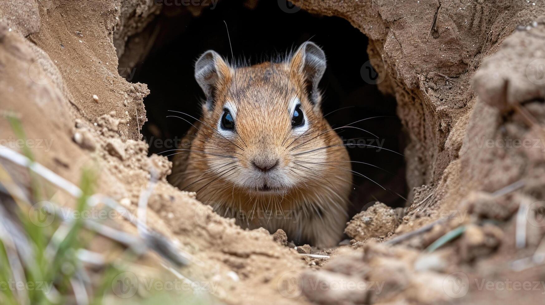 Closeup of a curious Mongolian Gerbil peeking out of its partially covered burrow keeping a watchful eye on its surroundings while it continues to dig photo