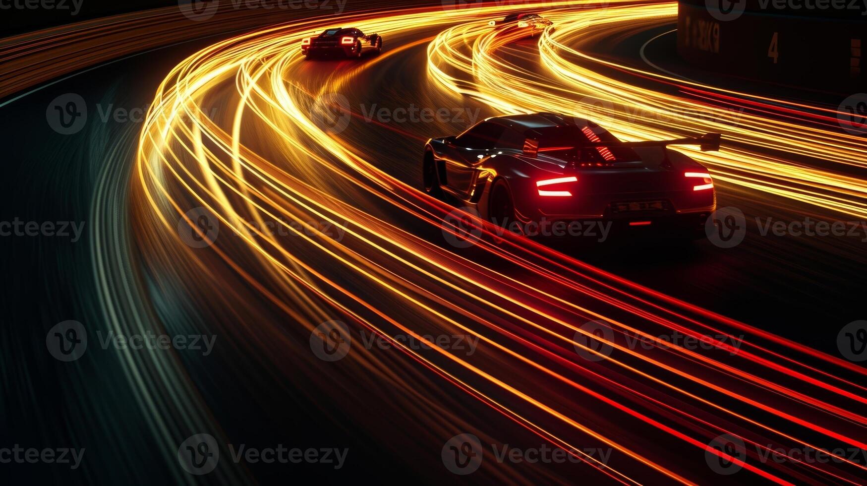 Every sharp turn and acceleration is captured in stunning detail as the light trails of the cars trace their path along the racetrack photo