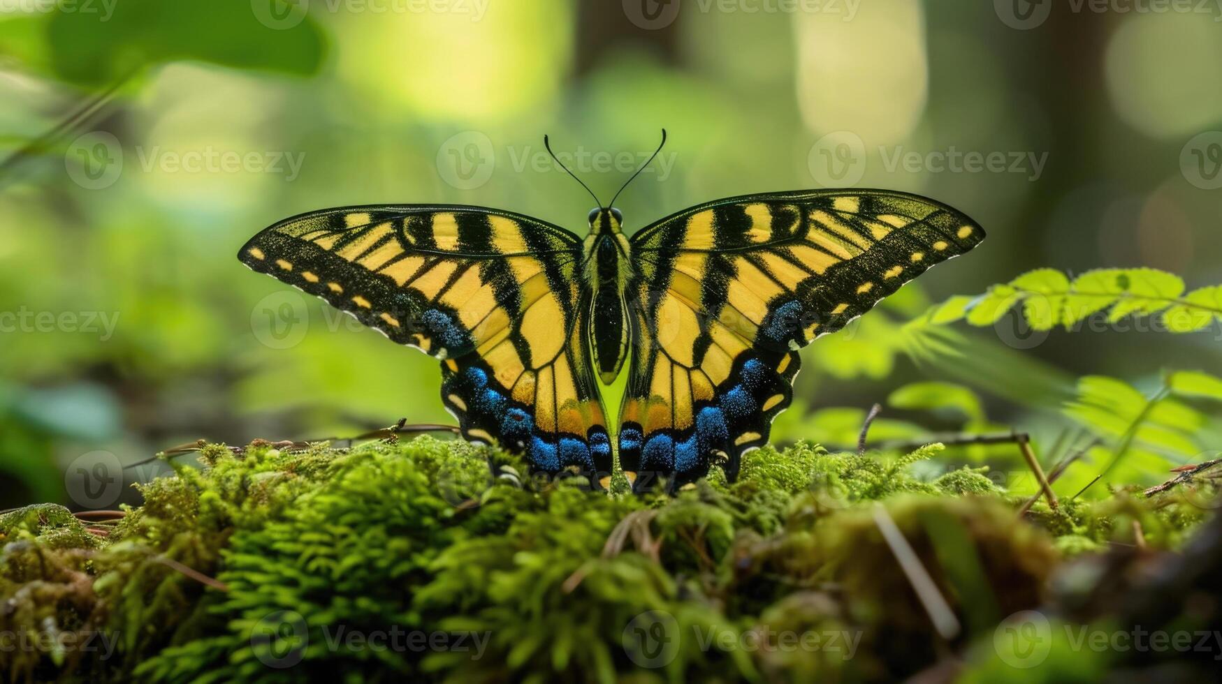 Closeup of a tiger swallowtail erfly resting on a patch of moss its wings adorned with intricate patterns of black and yellow glistening in the dappled light of the fores photo