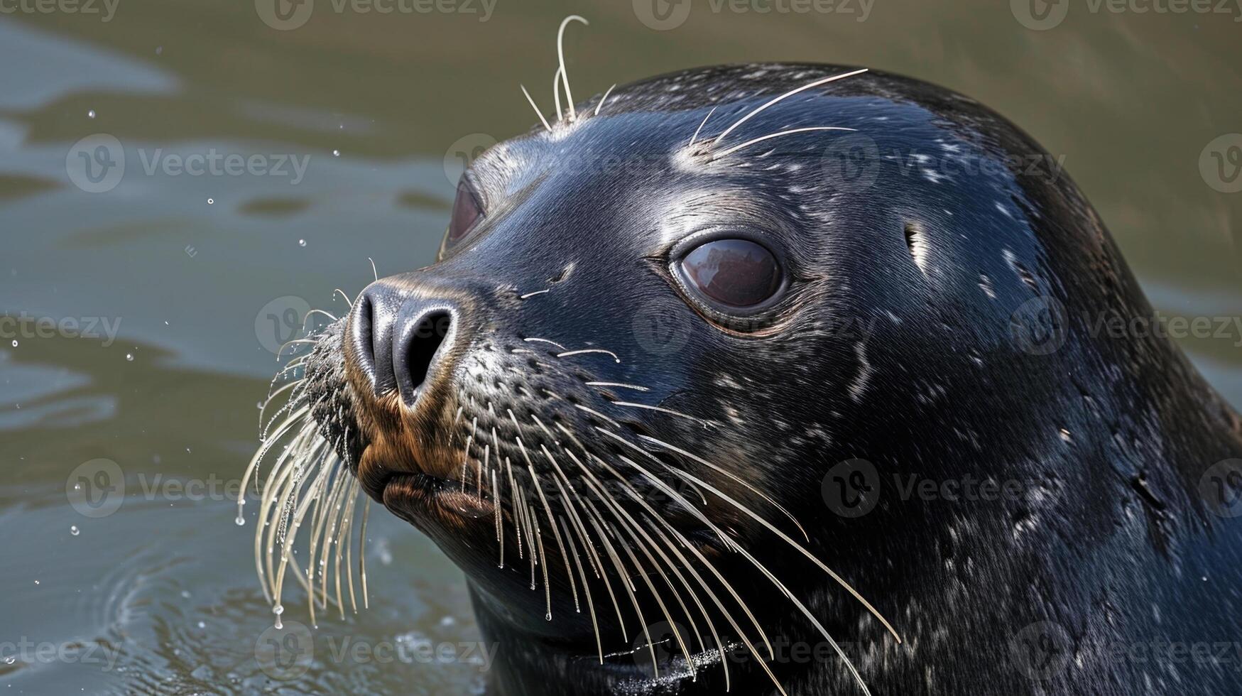 Closeup of the seals mouth slightly open in a relaxed grin its slick coat glistening in the sunlight and small droplets of water clinging to its whiskers from its recent di photo