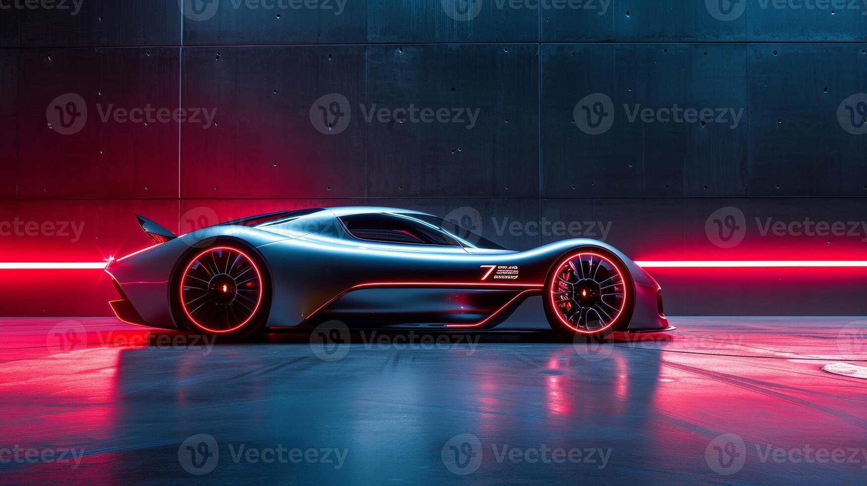 In the darkness of the night the neon red racing stripe on this metallic silver car shines like a beacon guiding it towards victory photo