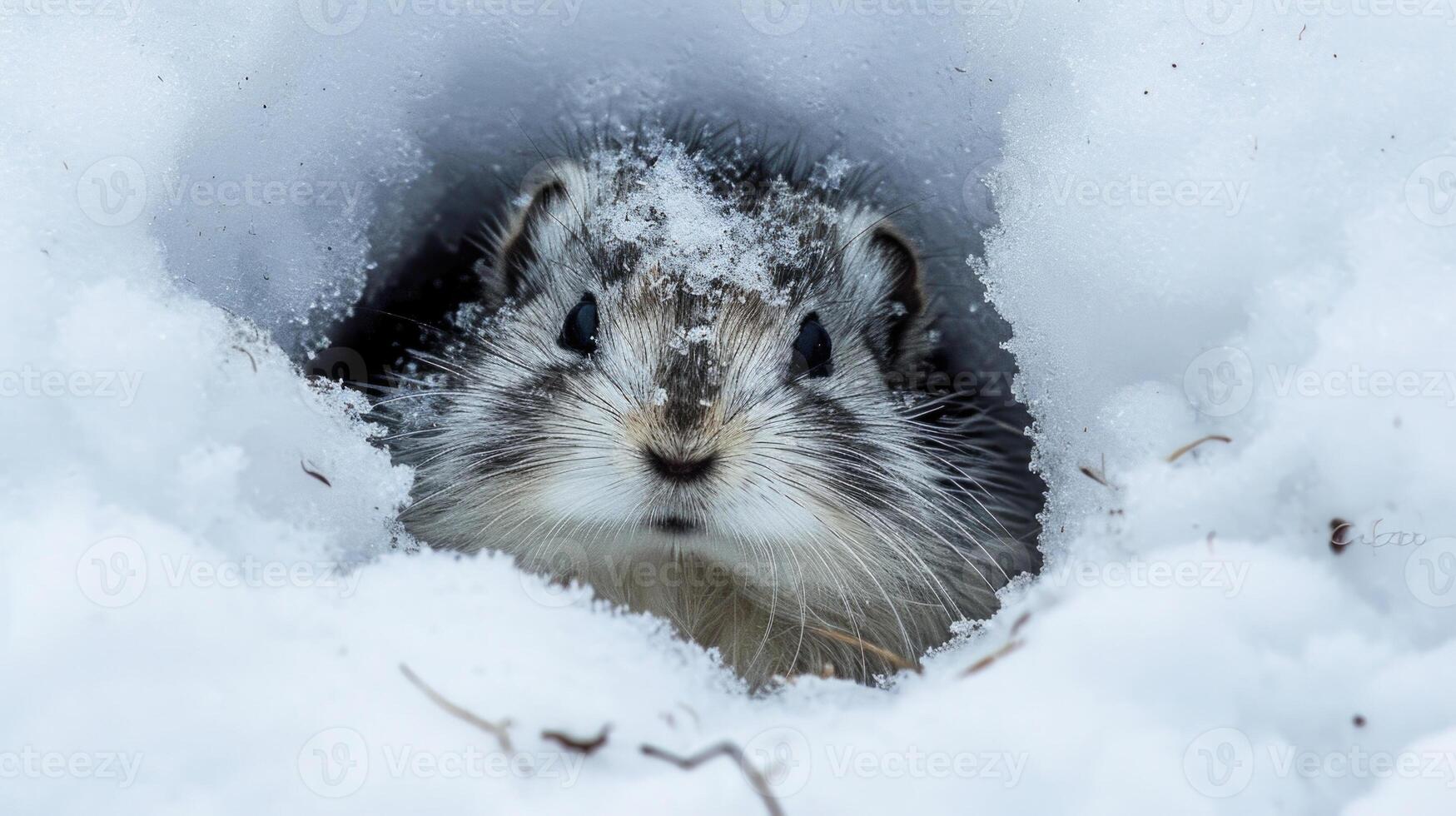 Closeup of a Collared Lemming emerging from its snow burrow its fluffy fur covered in snow and its head peeking through the opening photo