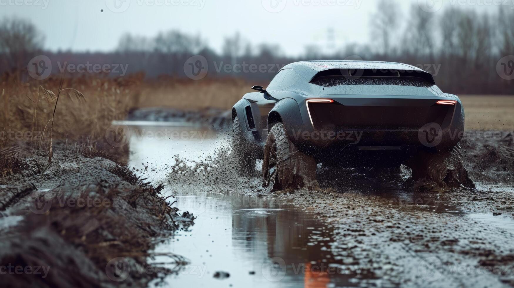 The camera focuses on the rear of an offroading SUV as it splashes through a muddy swamp showcasing the unique design of the rear spoiler that directs the airflow over th photo