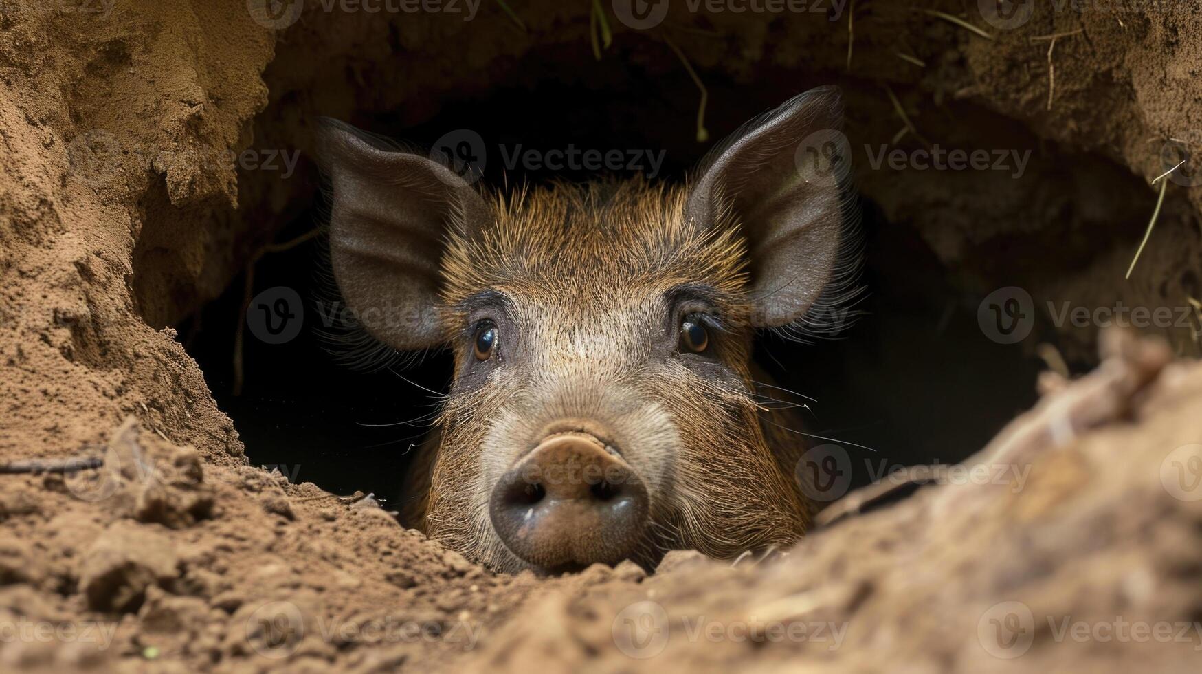 Closeup of a hog peering out of an underground burrow the worried expression on its face suggesting it is hesitant to leave the safety of its shelter photo
