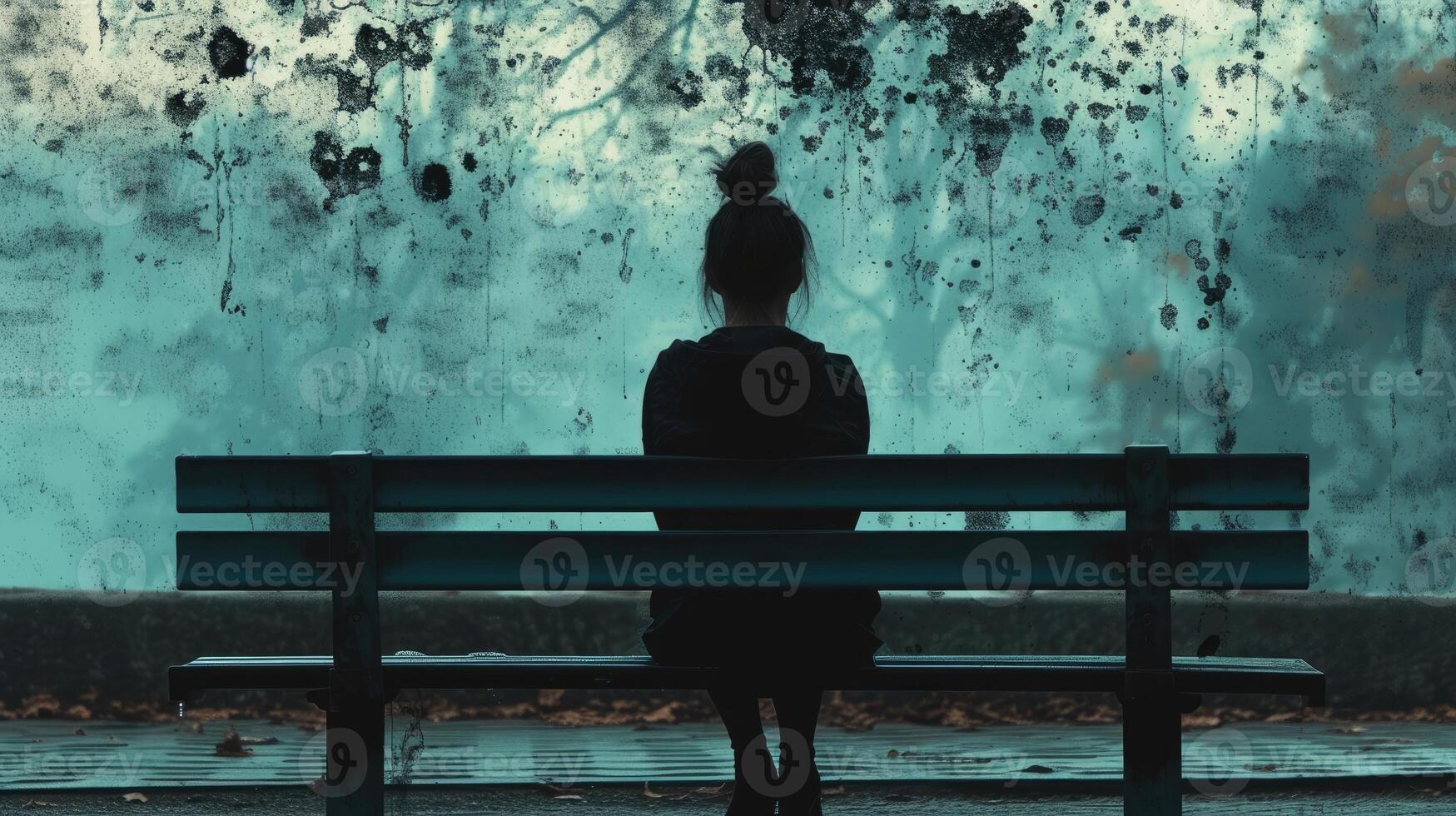 A woman sitting alone on a bench staring off into the distance with a pained expression photo