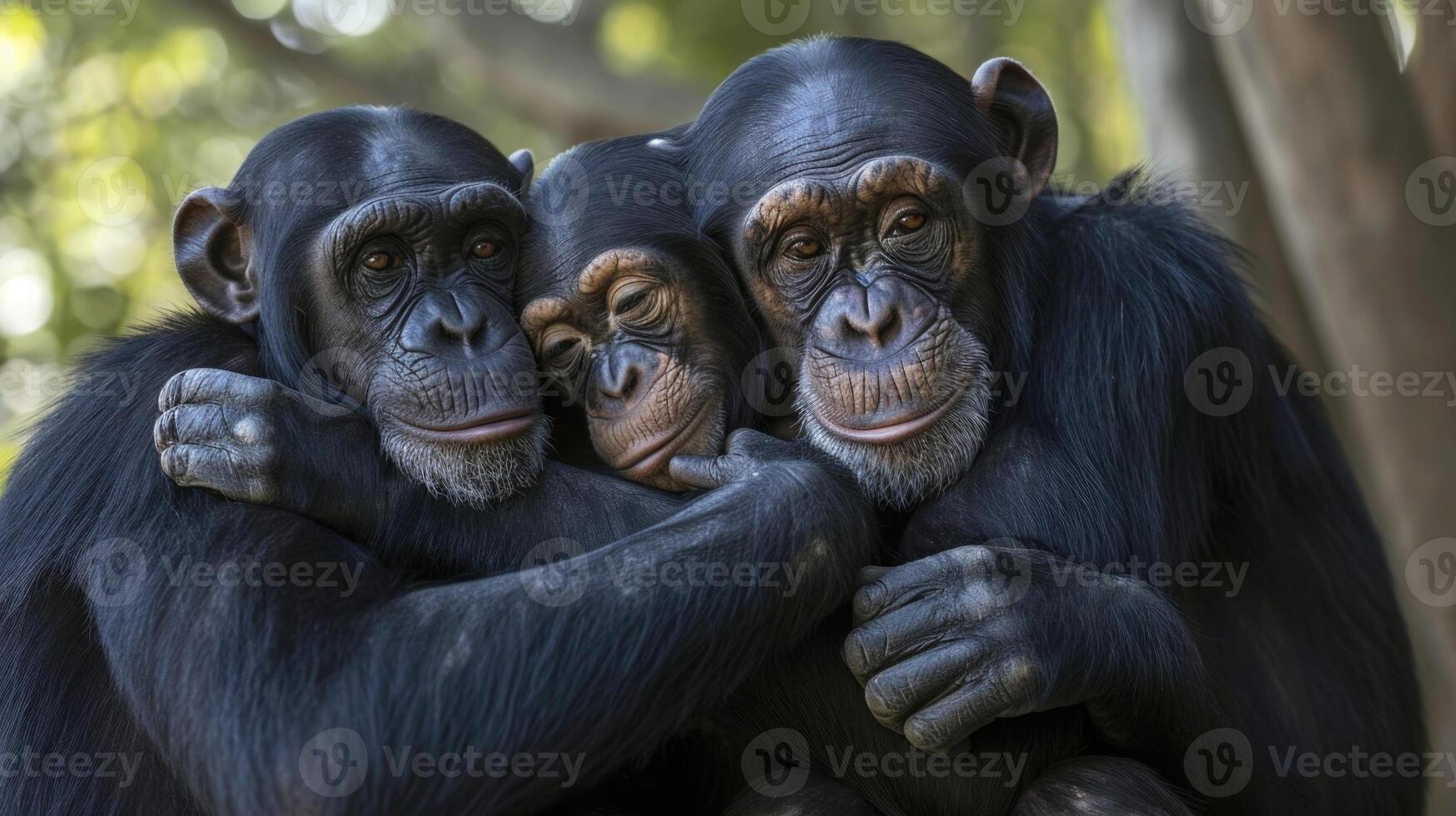 Closeup of a chimpanzee family clinging onto each other for support as their home continues to be destroyed around them. Their expressions show both sadness and determinatio photo