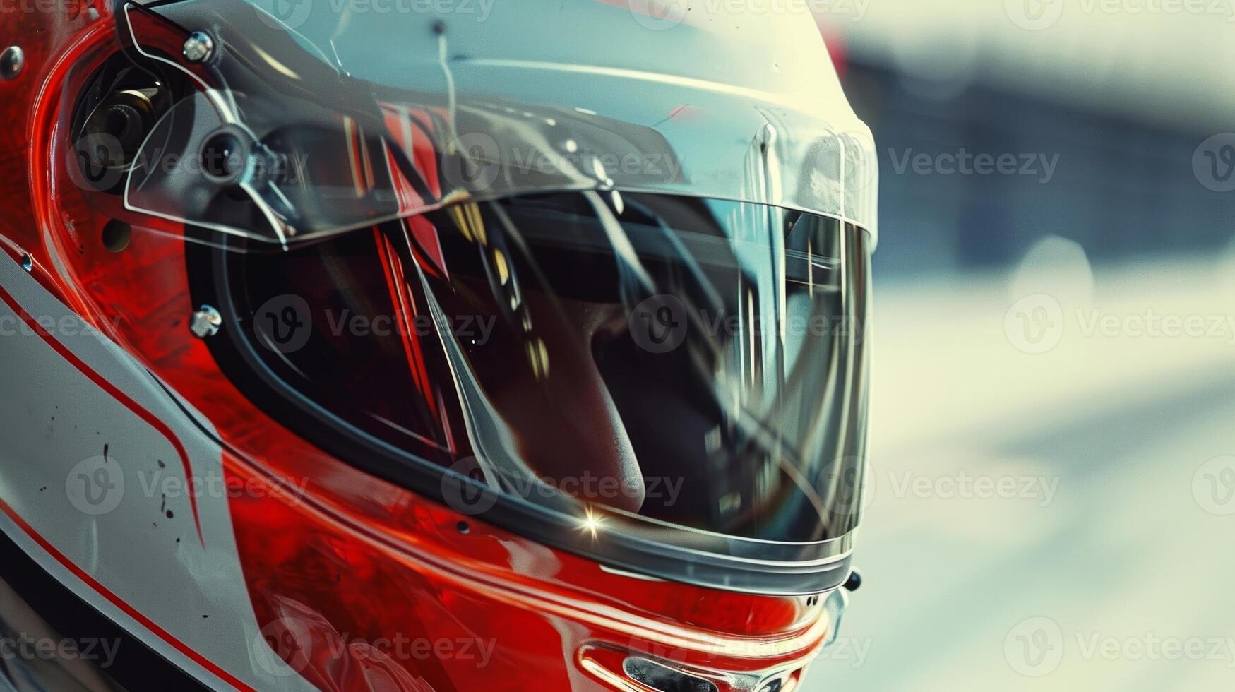 A closeup of a drag racers helmet as they lower their visor their eyes focused and determined photo
