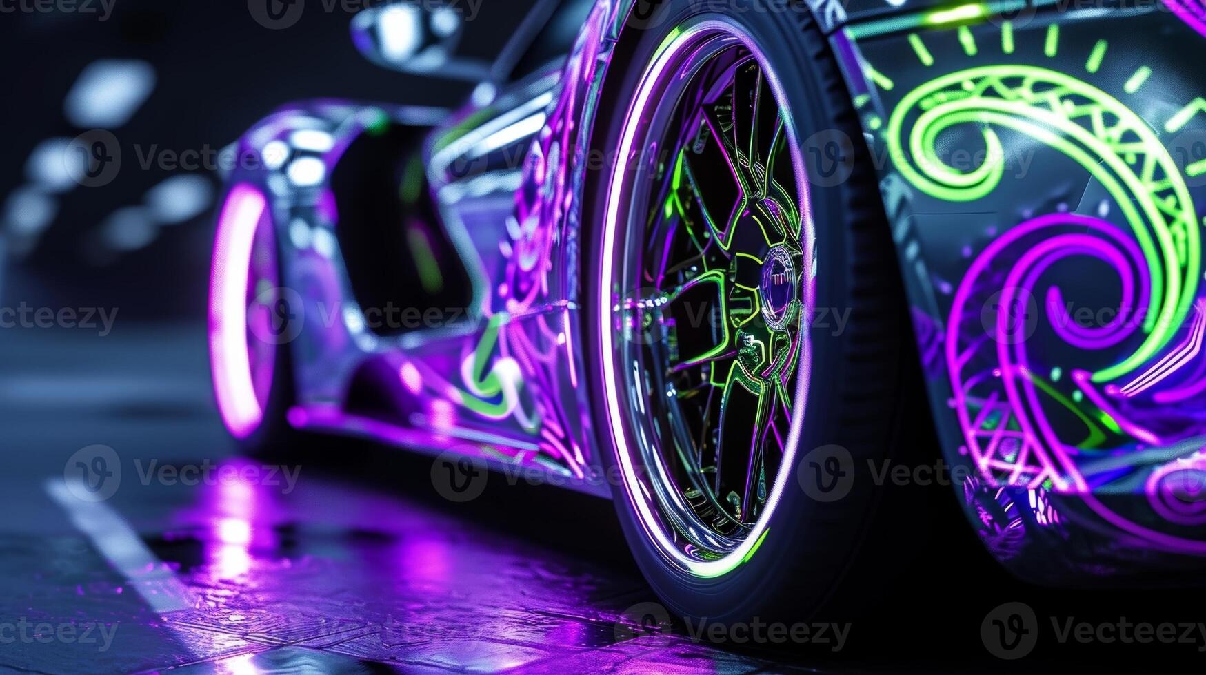 A macro view of the cars wheels displaying a mesmerizing neon pattern of neon purple and green paisley designs on a silver background photo