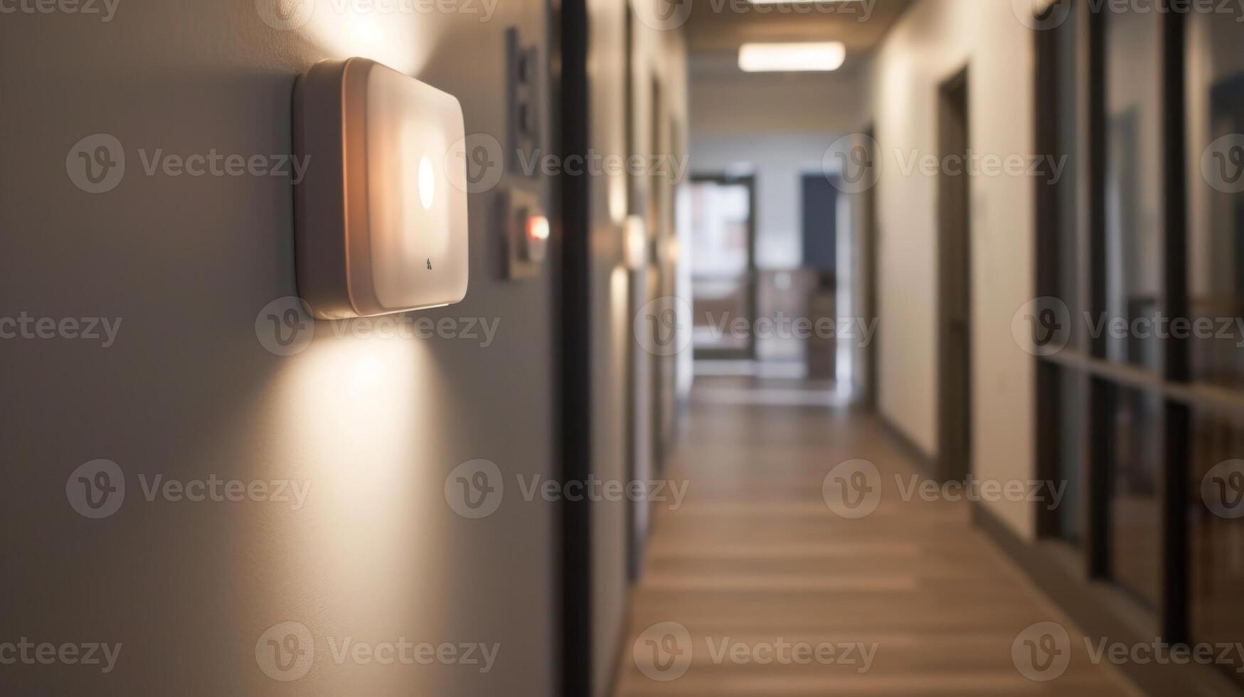 A motion detector in a hallway triggering lights to turn on only when someone walks by helping to conserve energy in lowtraffic areas photo
