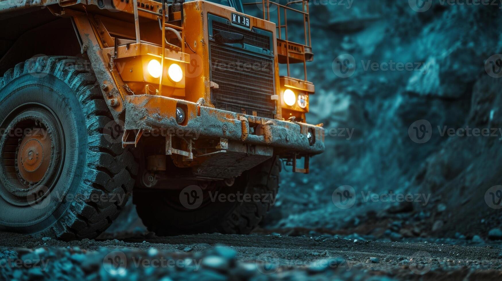 Closeup of a mining trucks headlights shining brightly as it carries tons of heavy materials showcasing the ruggedness and endurance of the vehicle in challenging industria photo