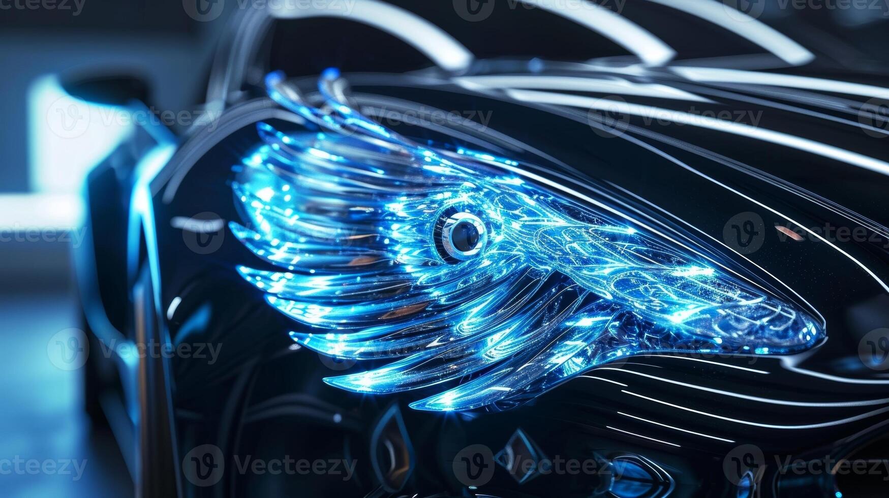 A closeup of a cars headlights where each light is encased in a sculpted angel wing giving the vehicle an ethereal and otherworldly appearance photo