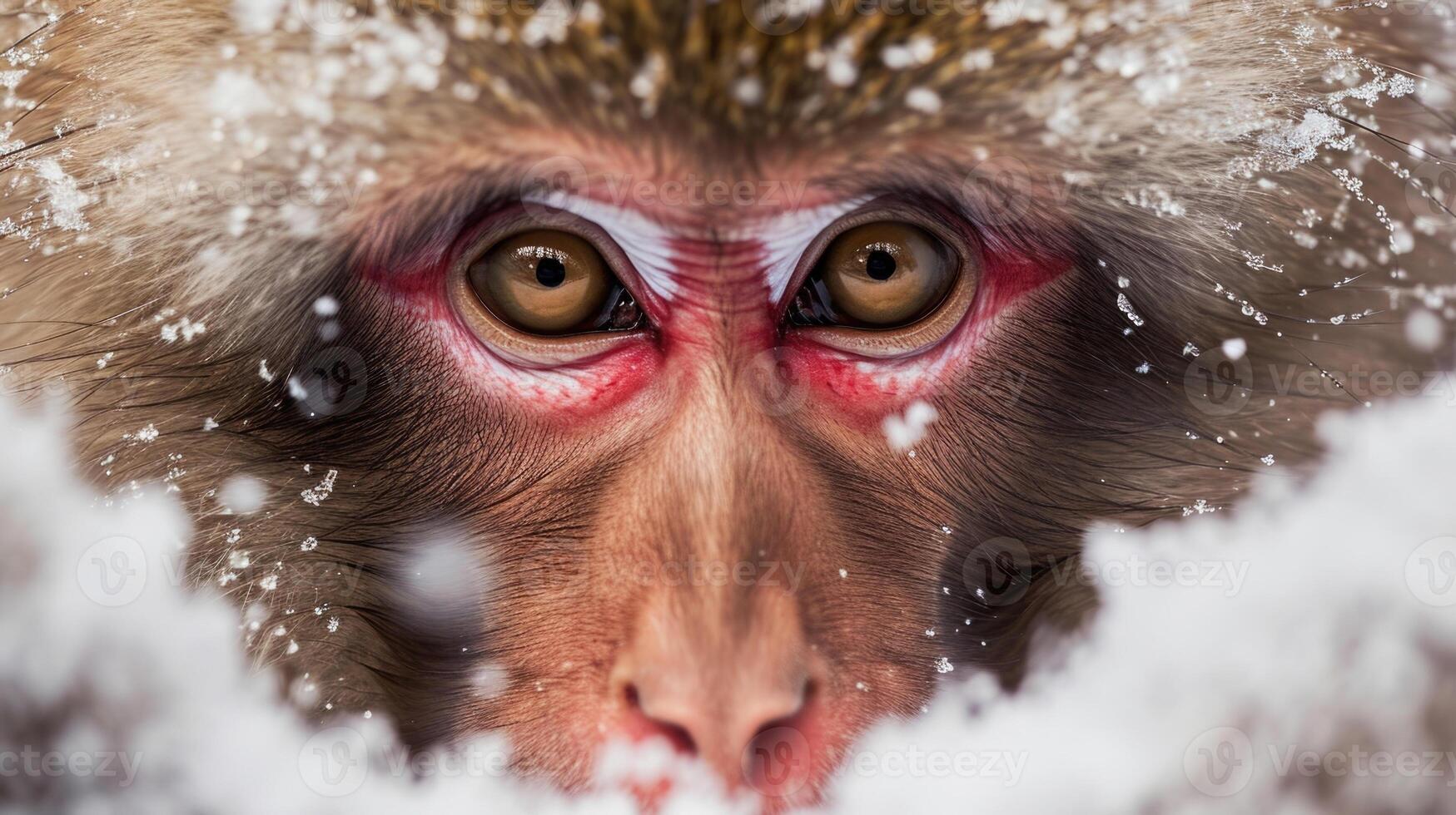 Closeup of a curious macaque with bright eyes and rosy peering through a blanket of powdery snow photo