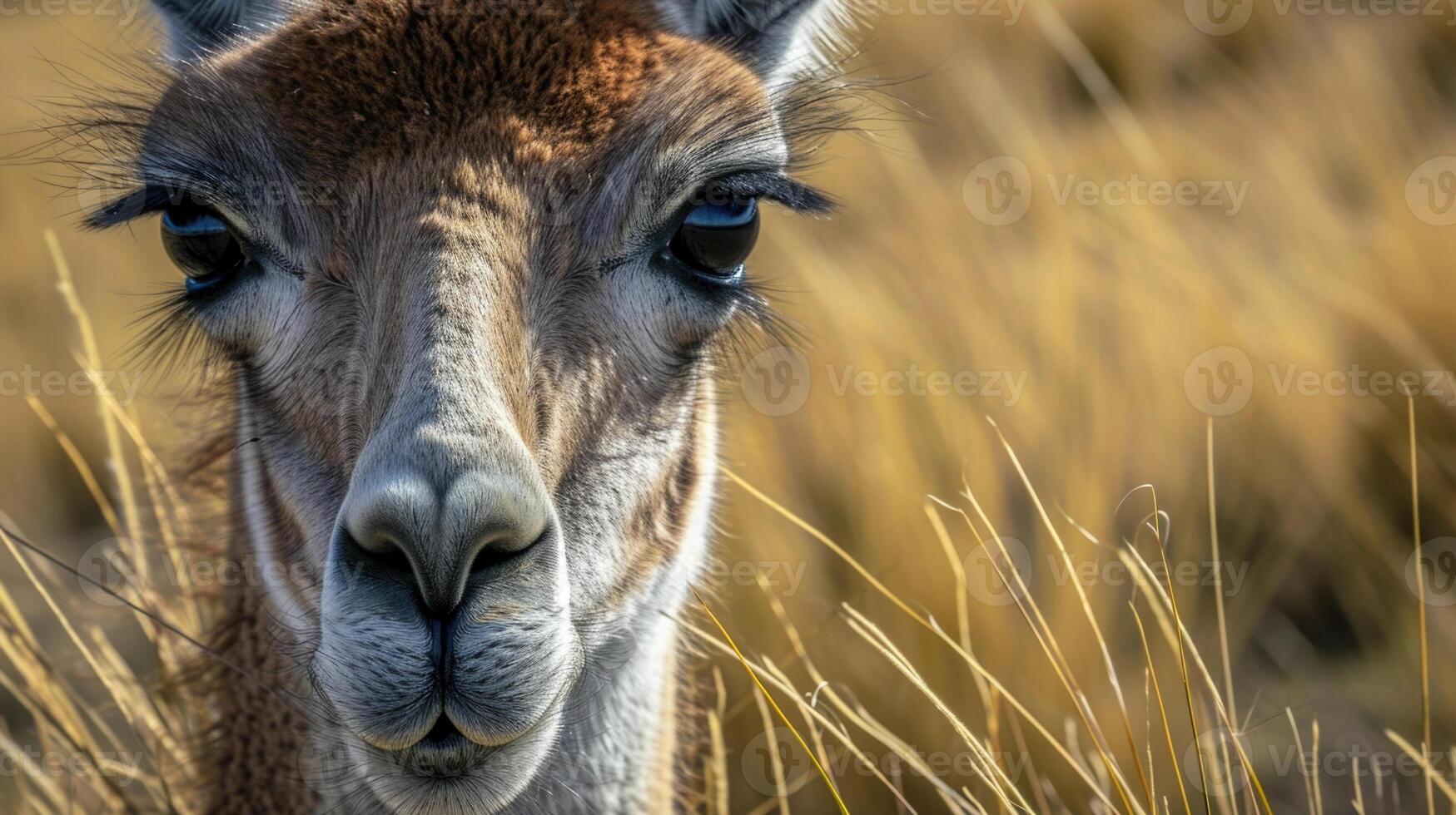 The intense gaze of a guanacos large dark eyes fills the frame in this closeup shot. Its long eyelashes and soft fluffy coat are a testament to its gentle nature as it graze photo