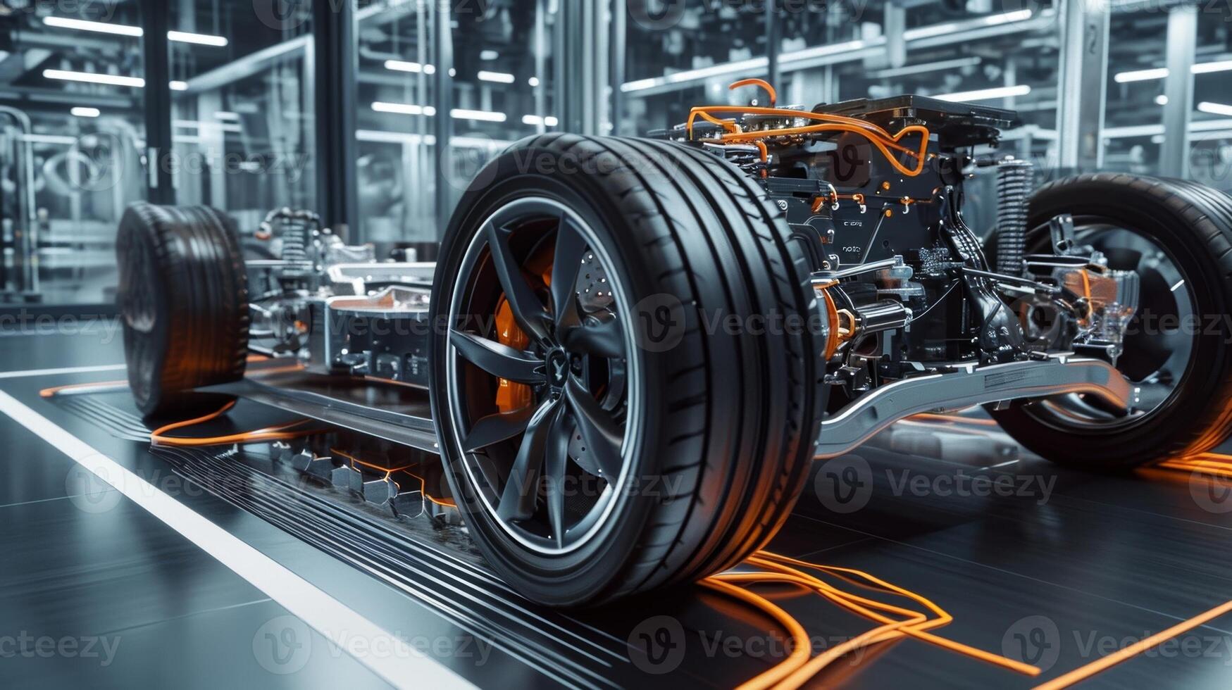 As the car switches to electric mode a closeup of the electric motor powering the wheels showcases the quiet and emissionfree operation of hybrid vehicles photo