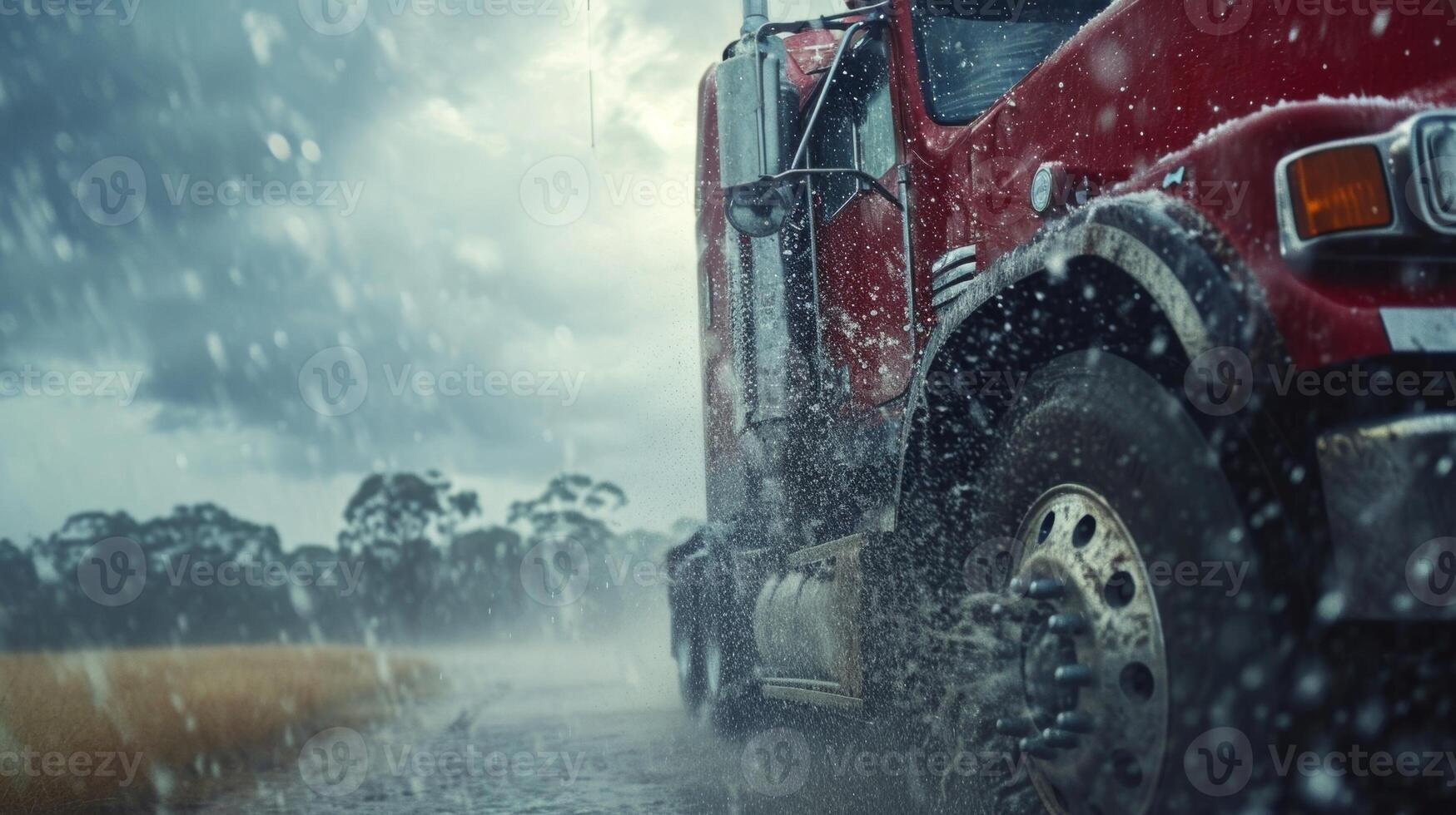 Slowmotion footage of a trucks side mirrors vibrating and shaking from the force of turbulent air as it pes by photo