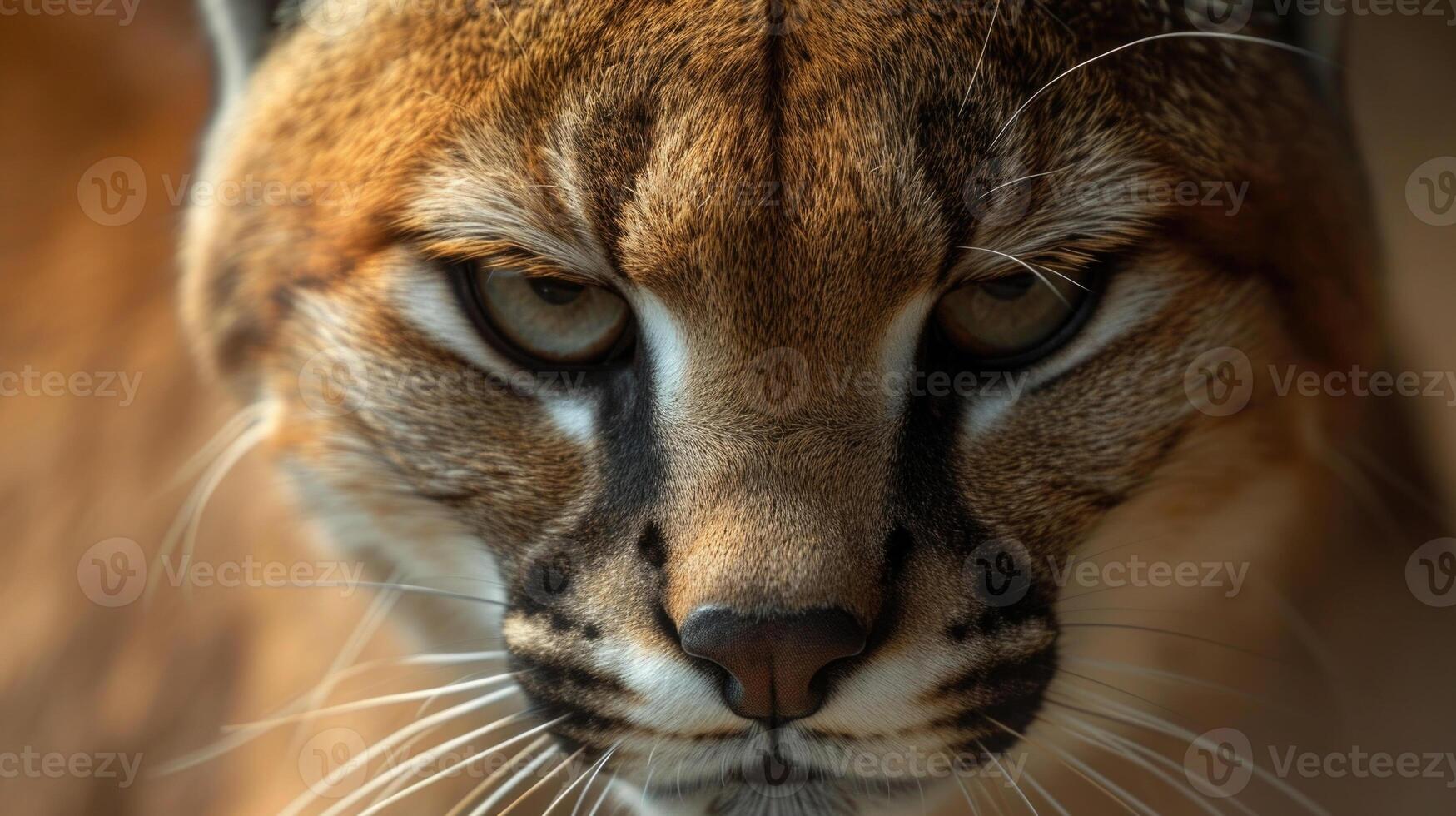 Closeup of a Caracals face almost hidden ast the flattened fur that covers its body. Its expression is one of intense focus as it zeroes in on its prey and prepares to strike photo