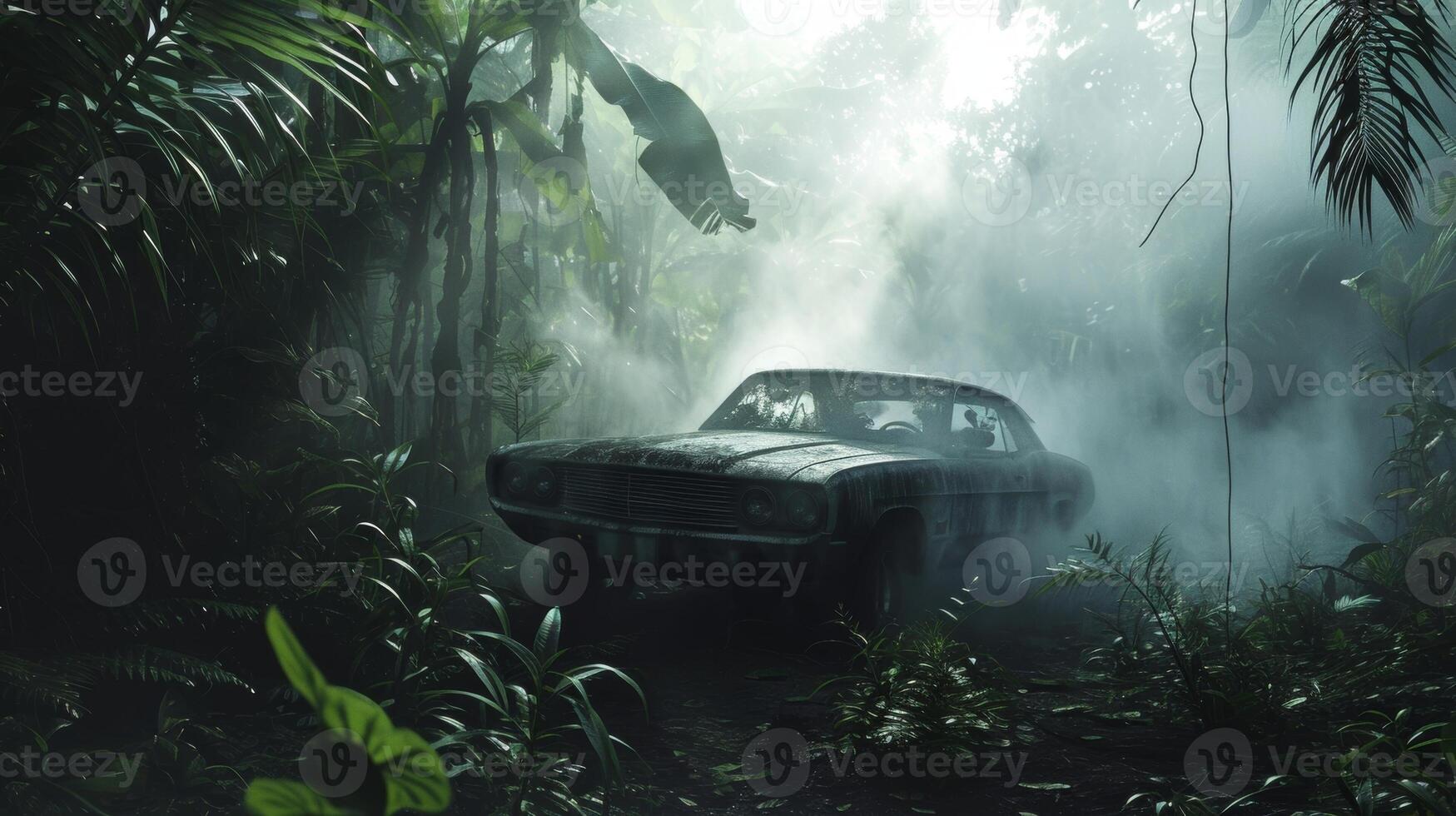 A mysterious car ly visible through the thick smoke slowly making its way through the jungle photo