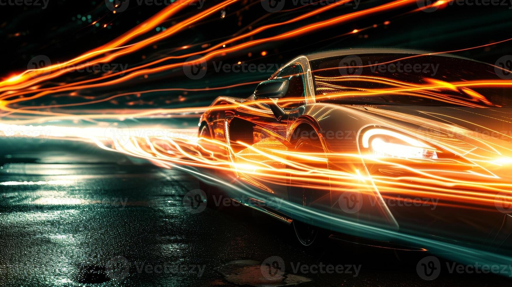 Extreme closeup of a light trail forming behind a car as it comes into focus. The intensity of the light is almost blinding against the dark background photo