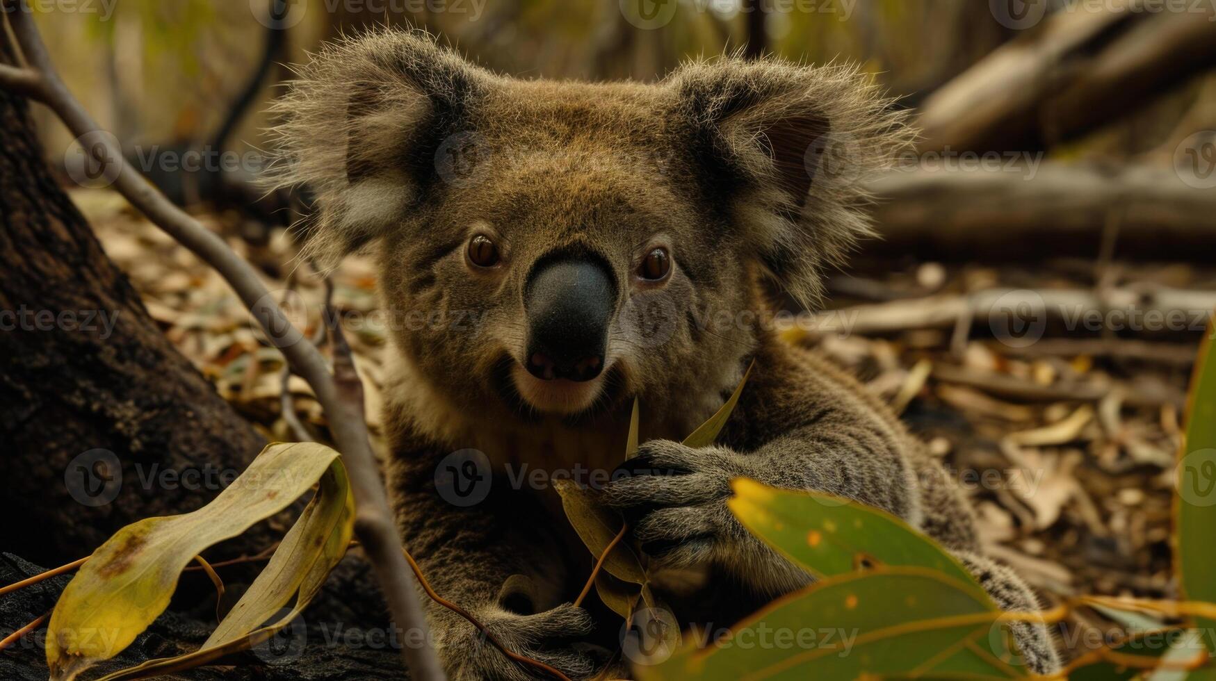Closeup of a koalas halfeaten meal of scorched leaves a scarce and inadequate food source in the wake of widespread habitat destruction highlighting the devastating impac photo