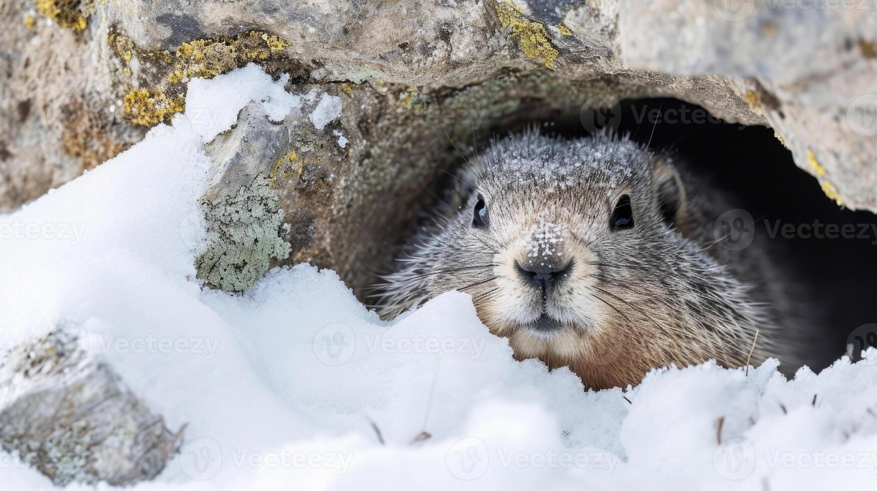 Closeup of a hoary marmot cautiously sticking its head out from its cozy den its furry face partially hidden by a layer of frost photo