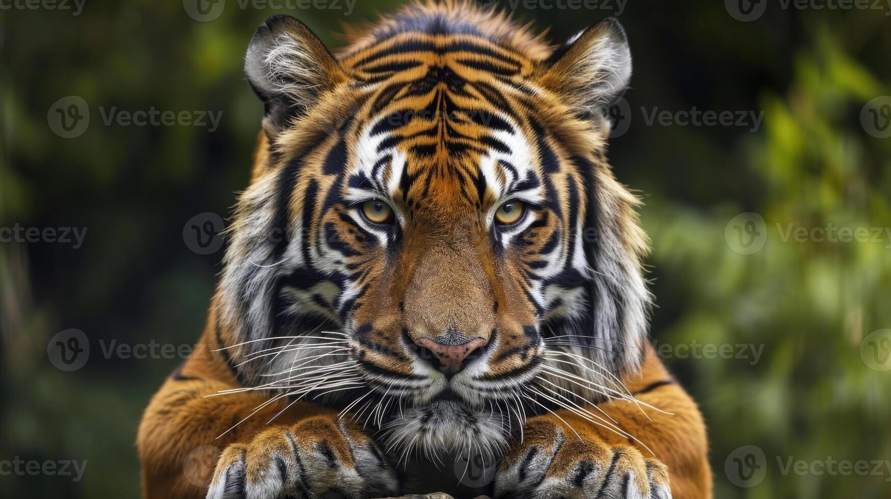 Closeup of a tigers powerful muscles tensed and ready for the perfect moment to strike its unsuspecting prey photo