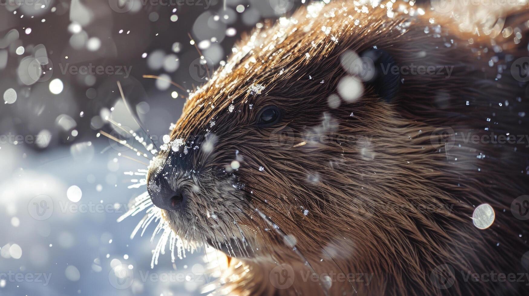 Closeup of the beavers sleek waterproof fur glistening with tiny snowflakes from the freshly fallen snow photo