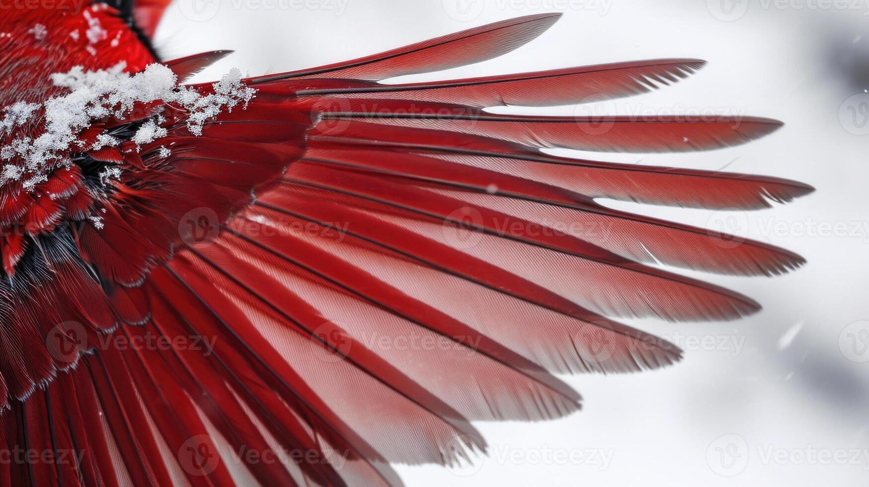 Closeup of a cardinals intricate wing pattern showcasing the intricate detail and rich hue of the birds crimson feathers against the snowy backdrop photo