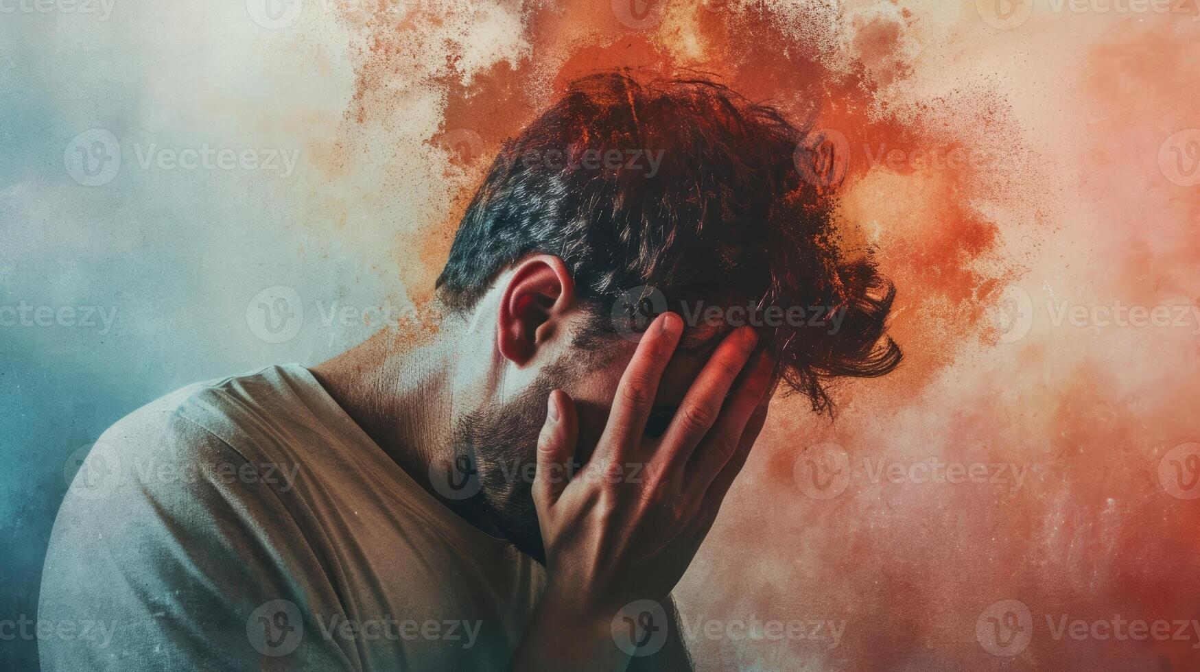 A man with a pained expression his hand gripping his head as if trying to quiet the voices in his mind photo