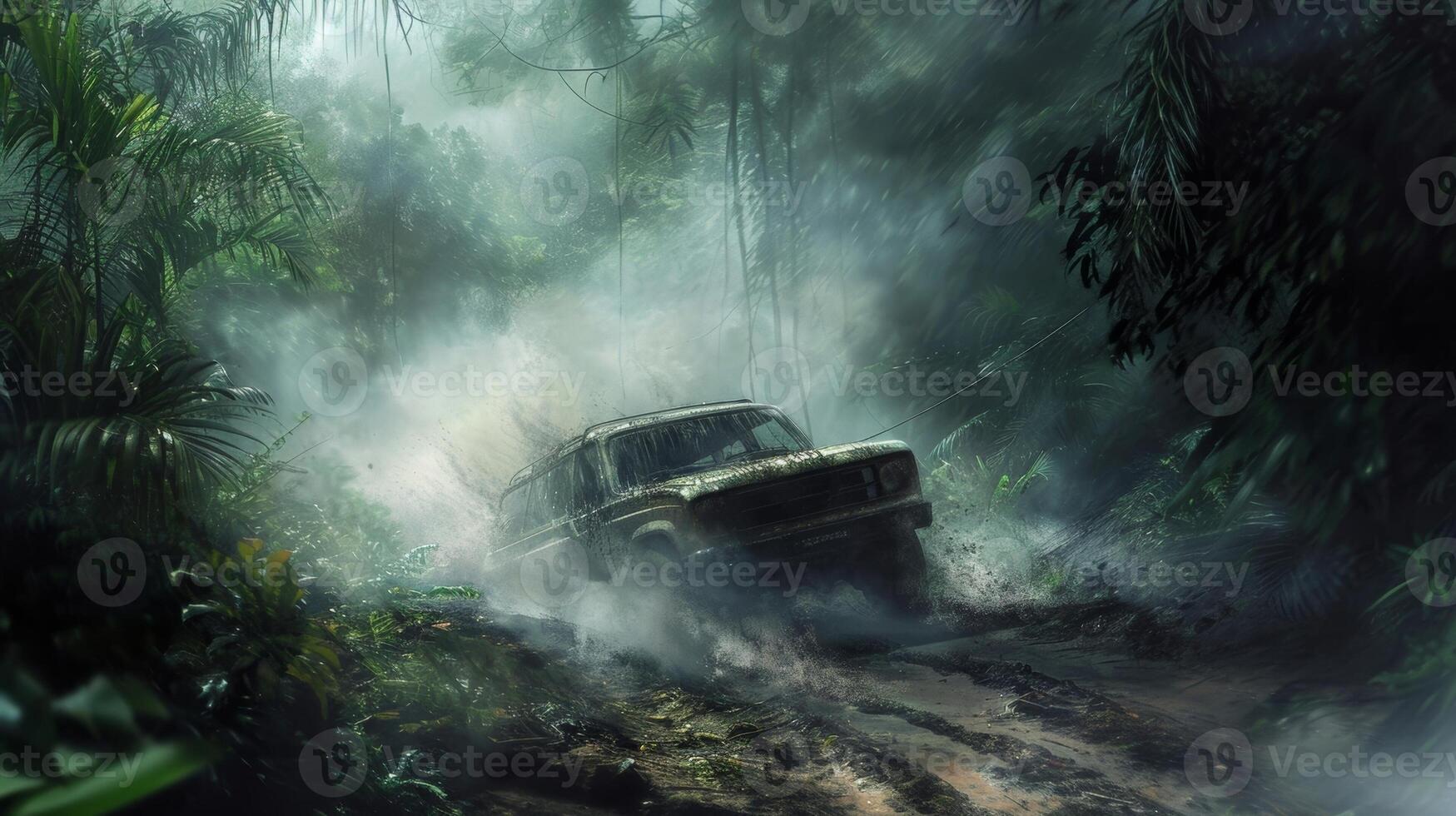 As the car drives deeper into the jungle the smoke thickens and engulfs it in a dense haze photo