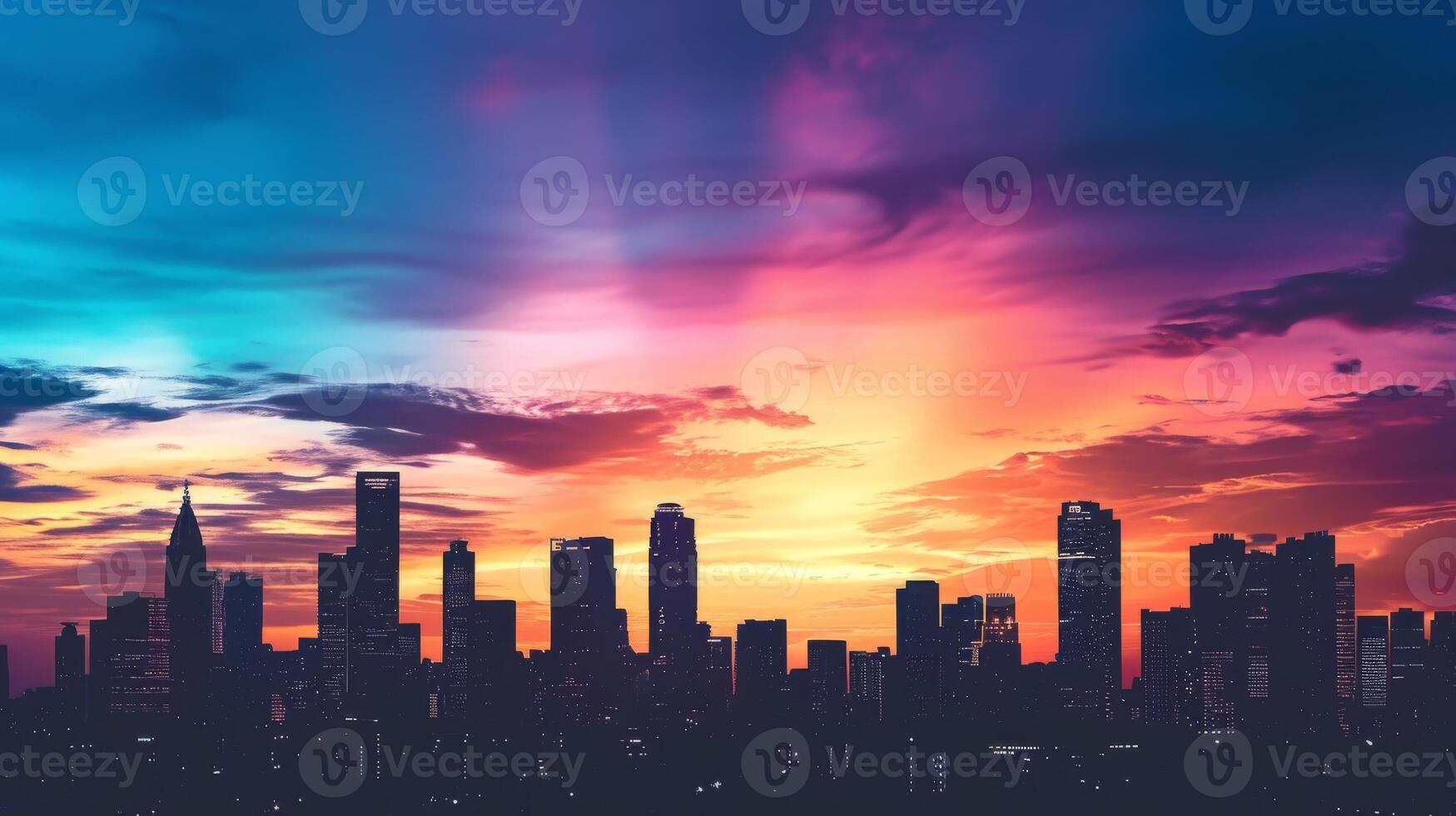 A bustling citys diverse skyline is captured in silhouette the various shapes and sizes of office buildings creating a dreamy and mesmerizing scene against the colorful sky photo