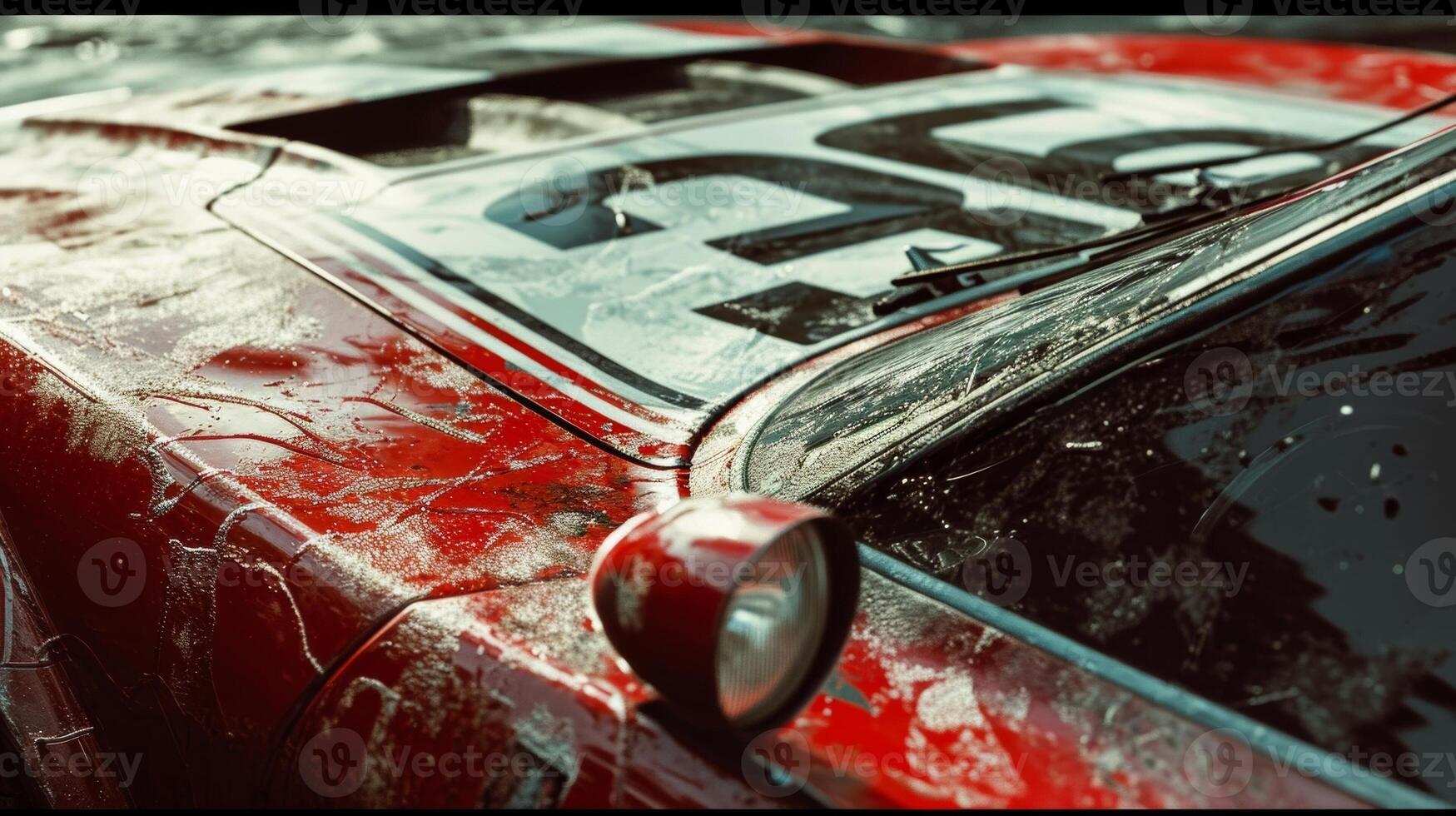 A closeup of the winning cars hood now decorated with sponsor decals that have been peeled off in the heat of the race photo