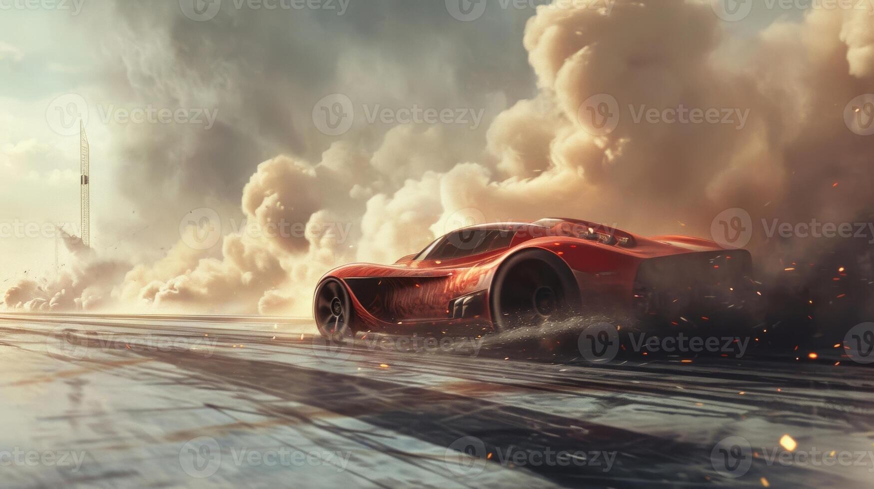 The unmistakable scent of burnt rubber fills the air as a nitropowered car launches off the starting line leaving its opponent in a cloud of smoke photo