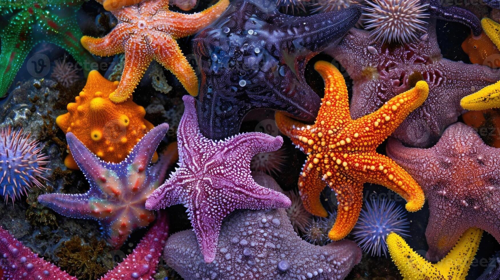 Closeup of a group of colorful starfish and sea urchins crowded together in a tidal pool their unique patterns and shapes creating a mesmerizing display photo