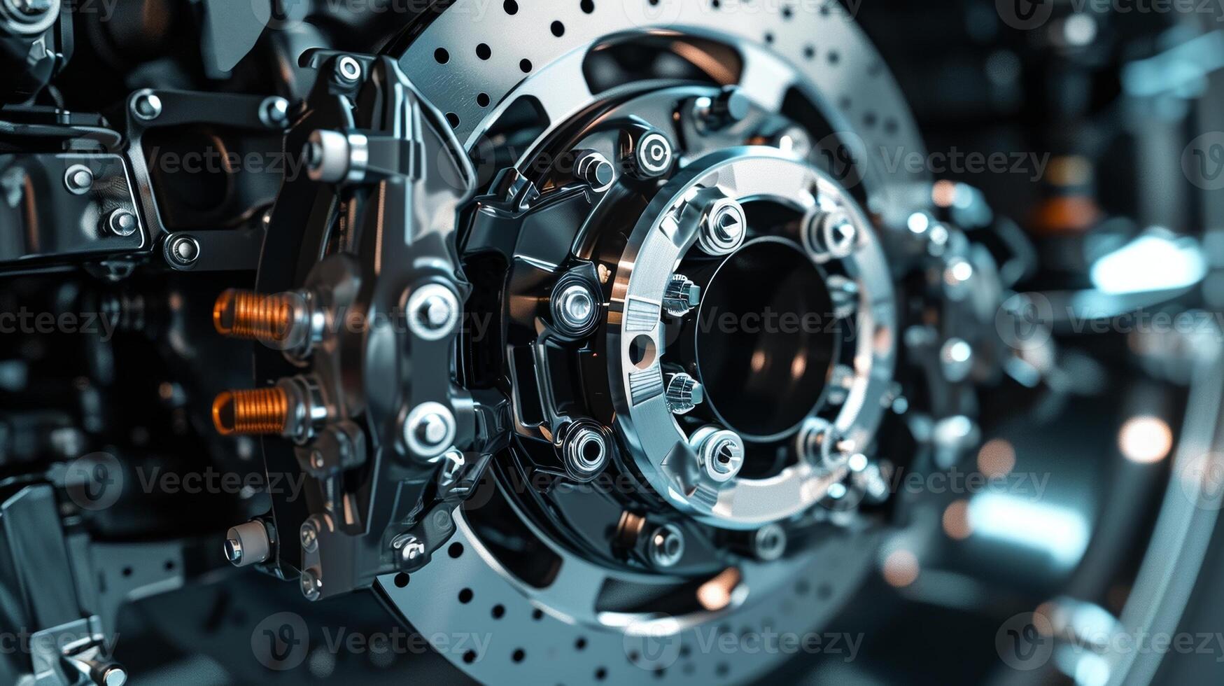 The intricate inner workings of the brake caliper are revealed in a closeup shot with the camera zooming in on the gears bolts and other mechanical parts photo