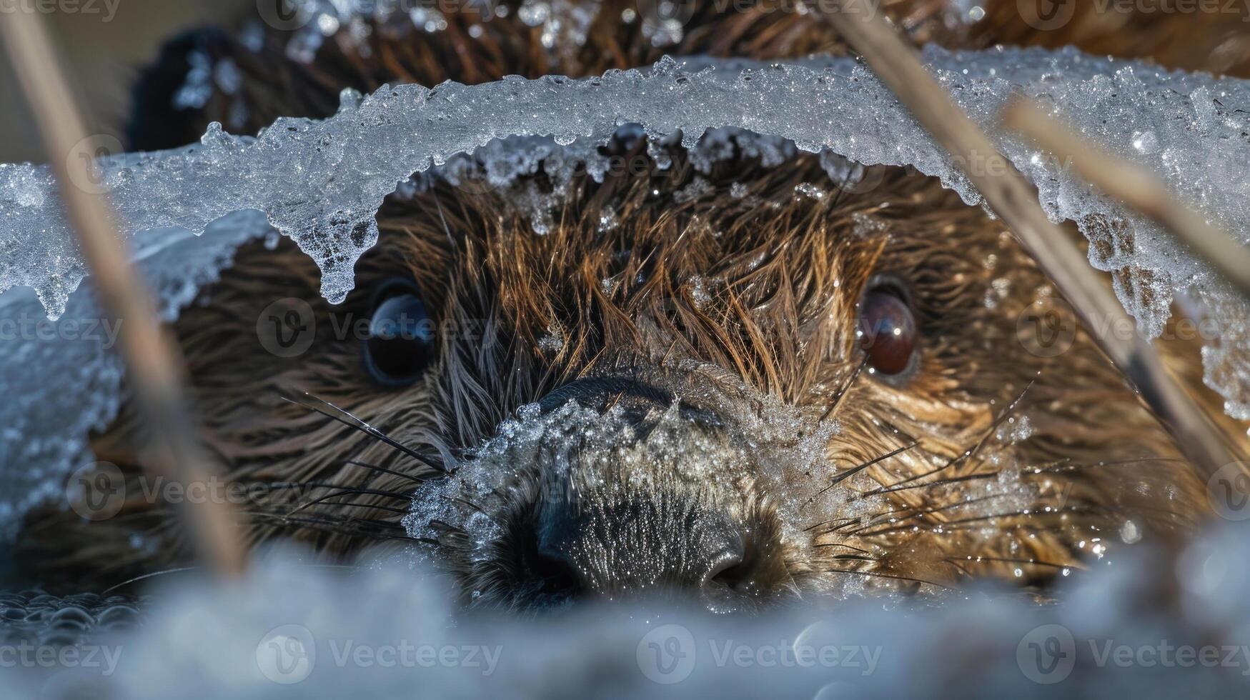 Closeup of the beavers curious eyes peering out from behind a thick layer of frost on its damp nose photo