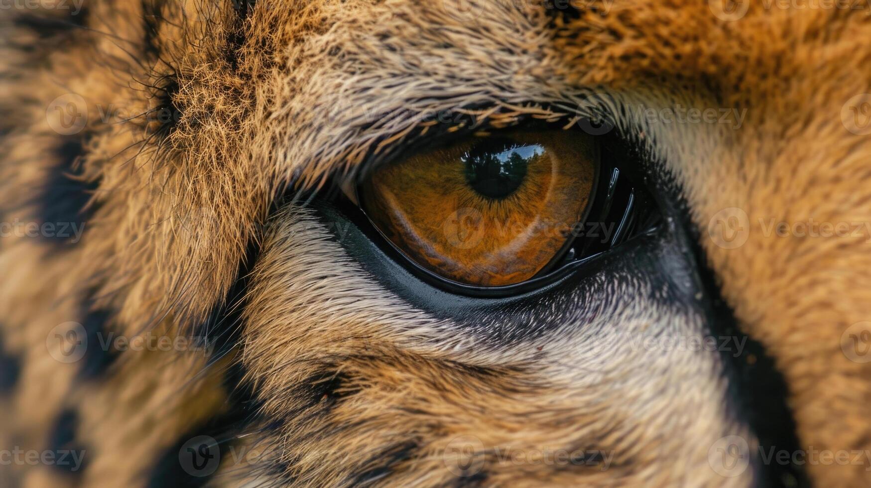Closeup of a cheetahs tail covering its face revealing only one intense amber eye as it surveys its surroundings with caution photo
