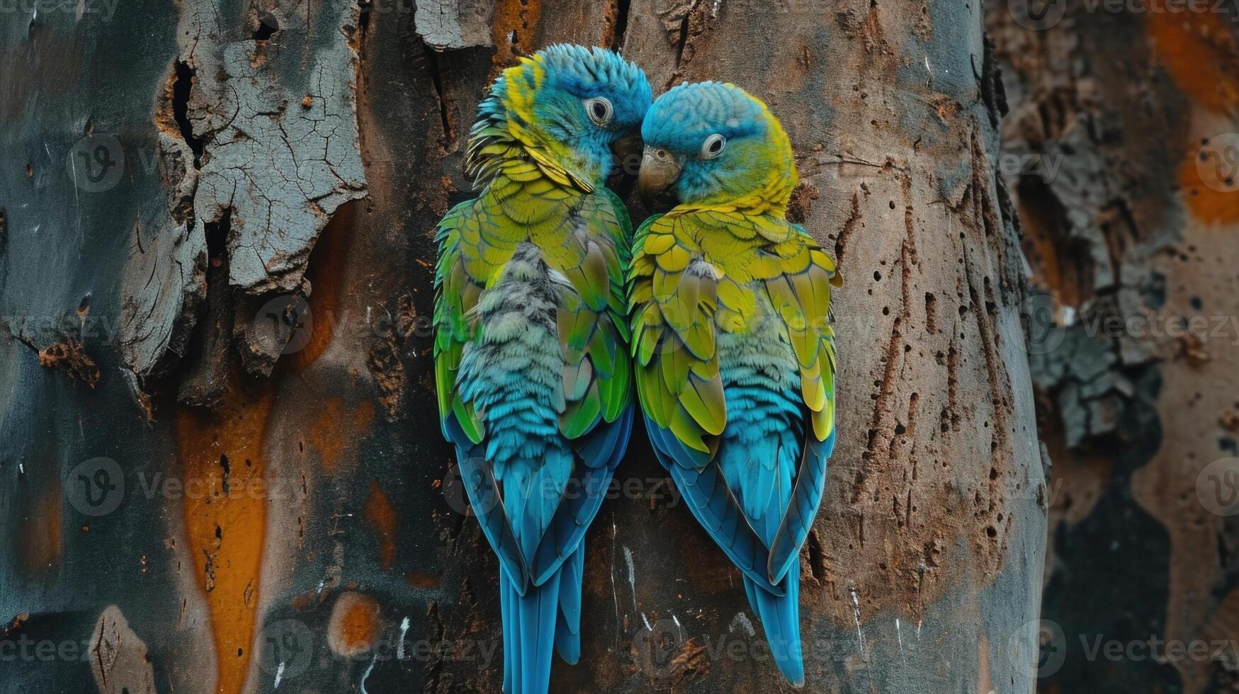 A breathtaking closeup of two parrots perched closely together their vivid blue and green feathers creating a striking contrast against the dark bark of the tree photo