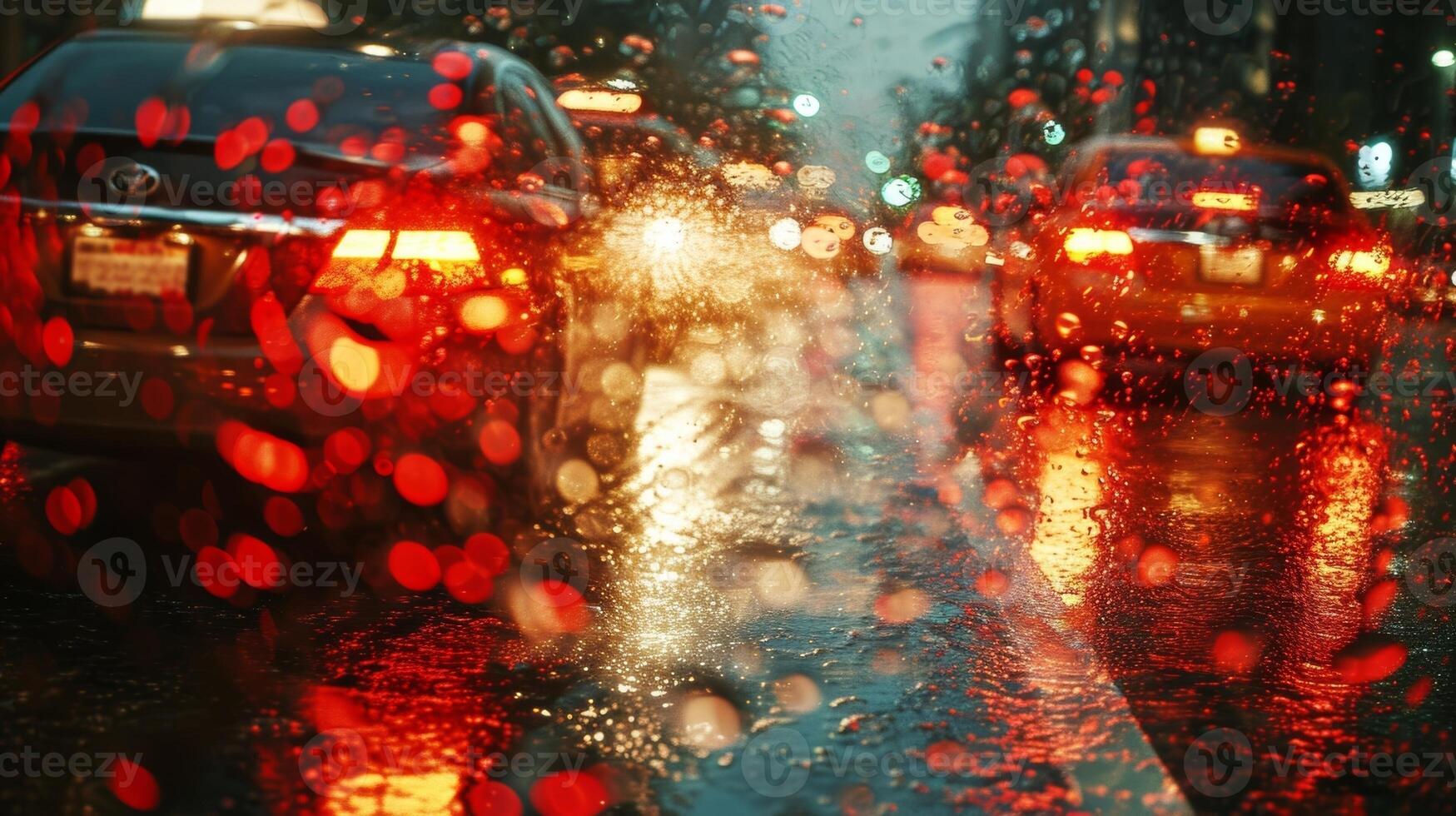 As rain starts to fall on a busy street the reflections of headlights on the pavement create a symphony of shimmering light and shadow photo