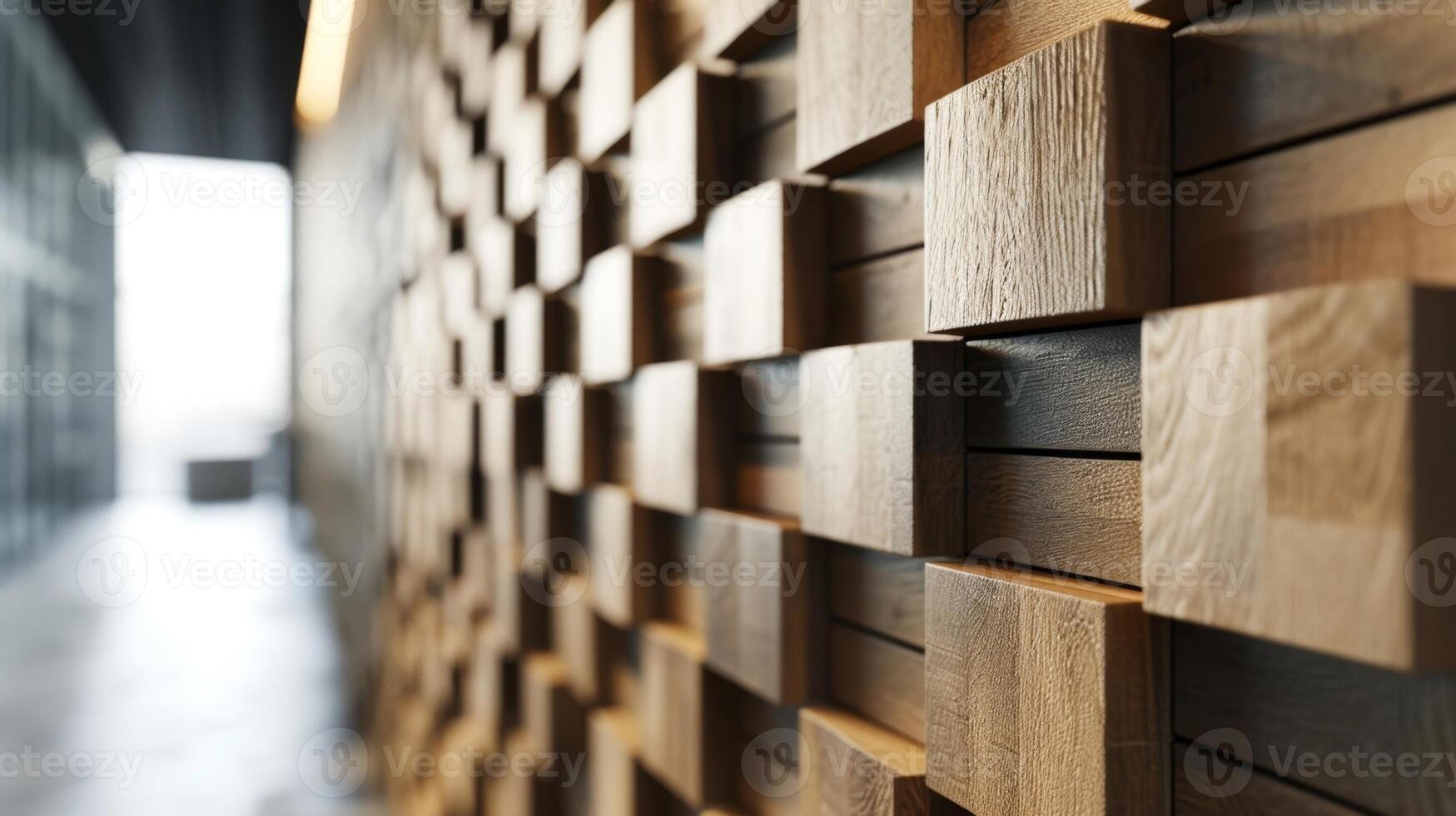 A closeup shot of a textured wall in an office featuring a 3D pattern created by alternating light and dark wooden panels photo
