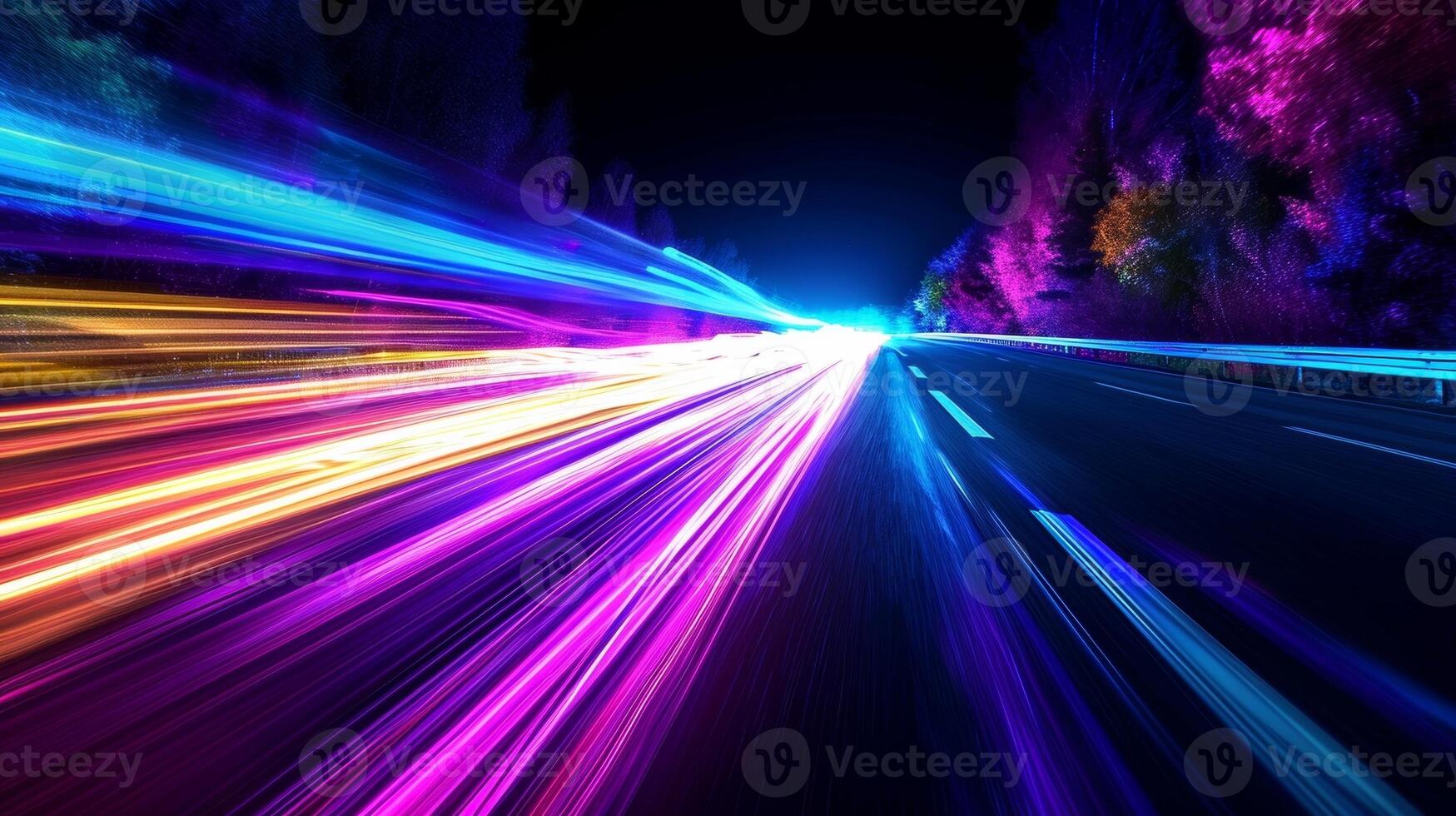 Intense bursts of purples blues greens and yellows create a kaleidoscope of color as the light trails race along the black pavement of Rainbow Road Rush photo