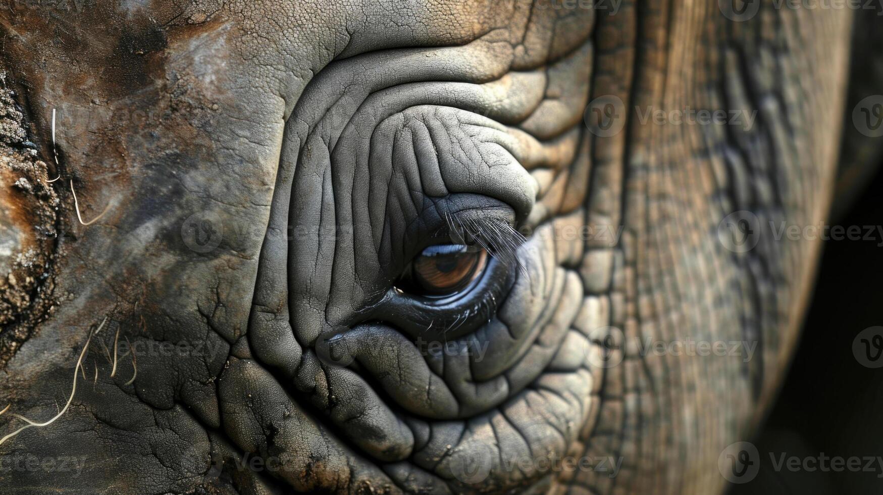 Closeup of a rhinos eye staring straight into the camera capturing the fear and vulnerability of these innocent animals in the face of relentless poaching photo