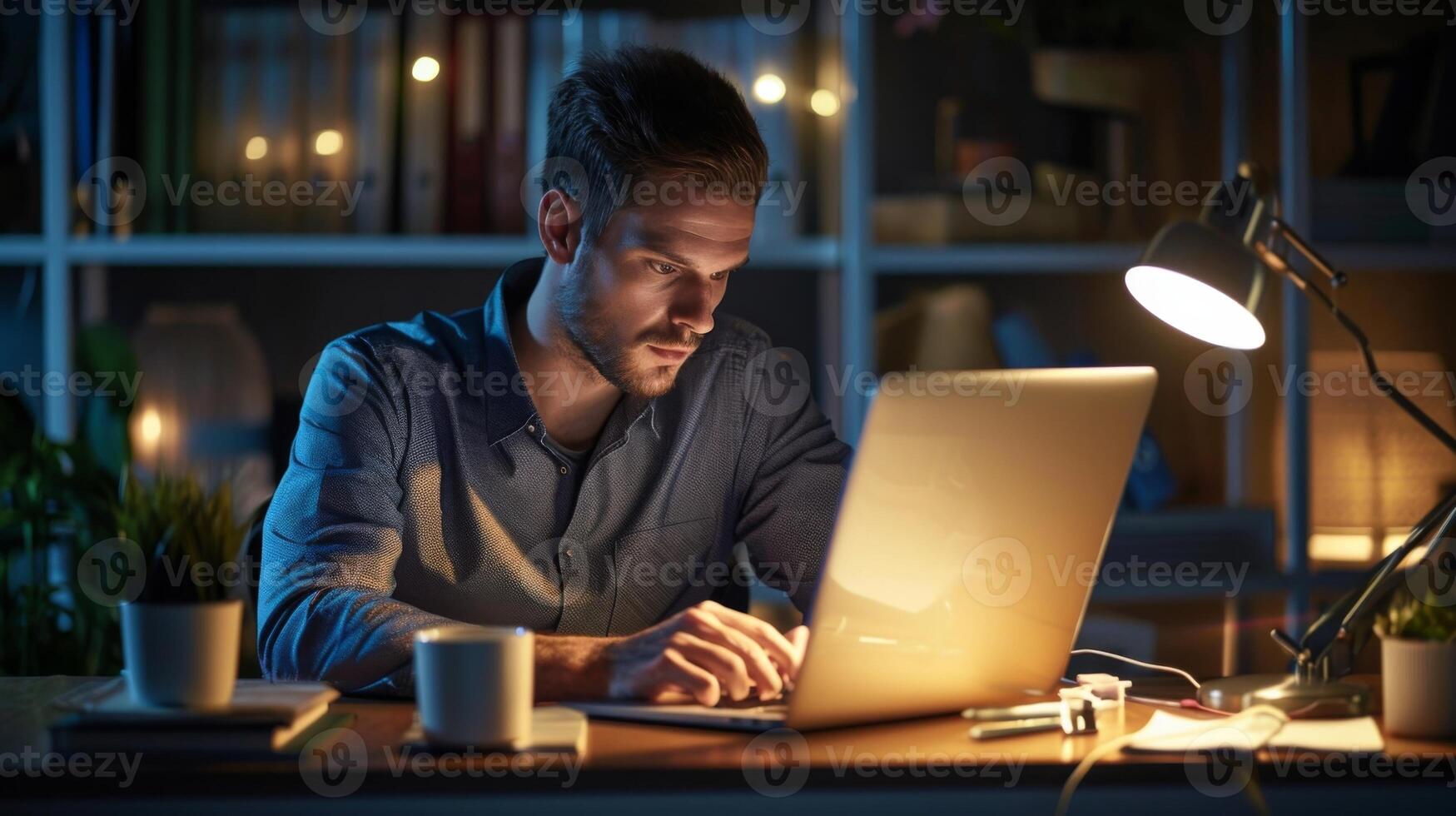 An employee at their desk working under the glow of a desk lamp that automatically turns off when the employee steps away thanks to smart energy management features photo