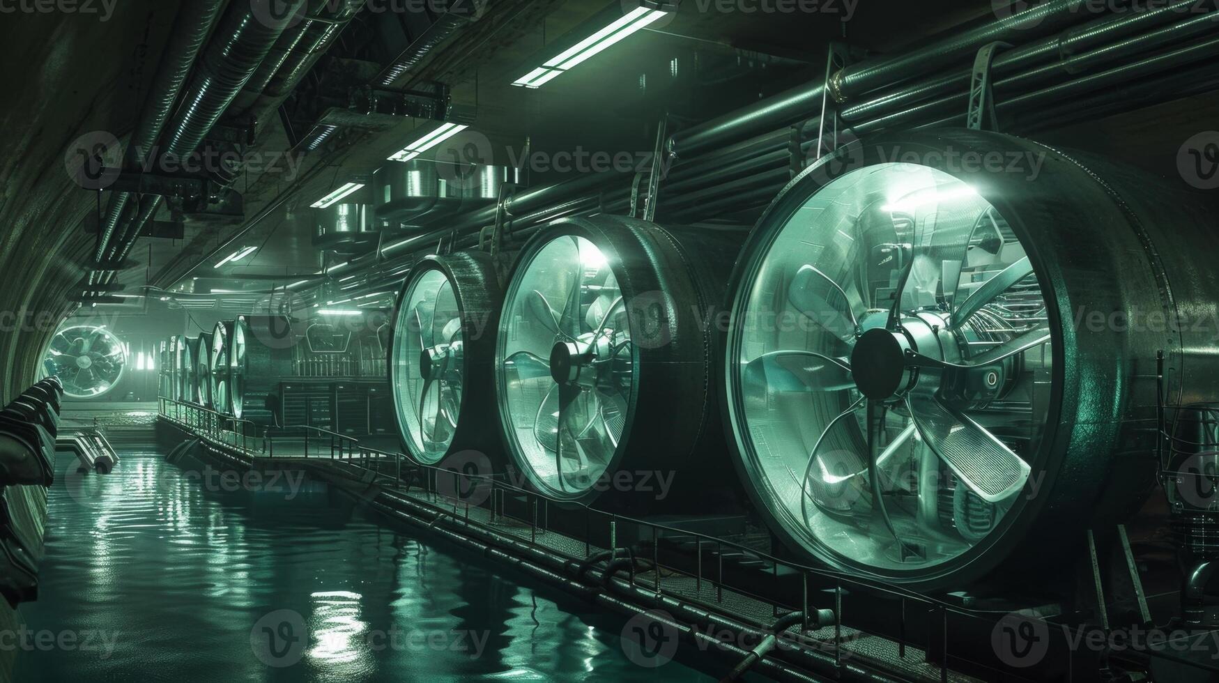 An underwater shot of a submarines engine room with the cooling flow visible as large fans work to circulate air and prevent overheating in the confined space photo