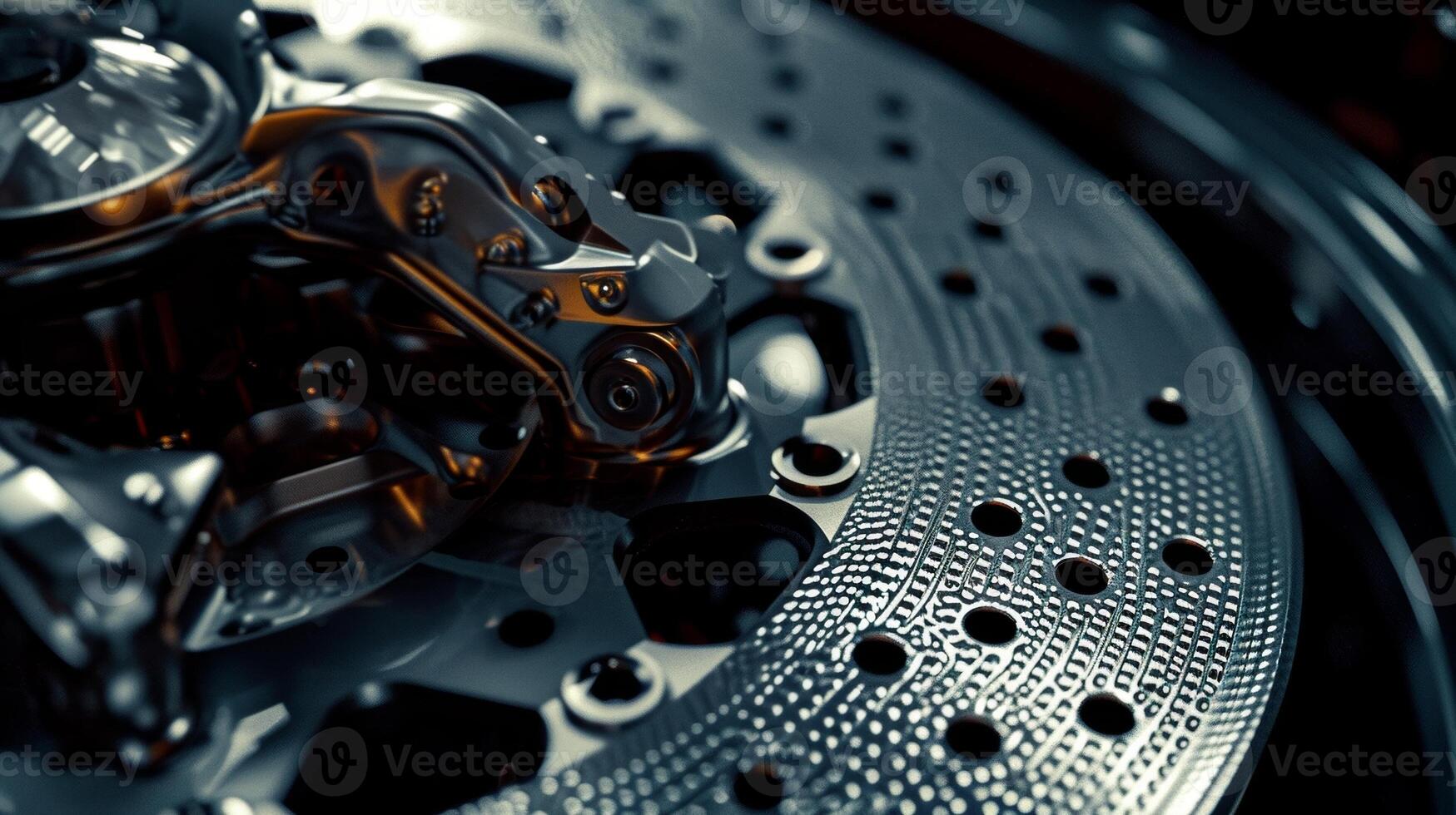 With a closeup shot the camera captures the intricate patterns and shapes on the surface of the brake caliper adding depth and texture to the shot photo