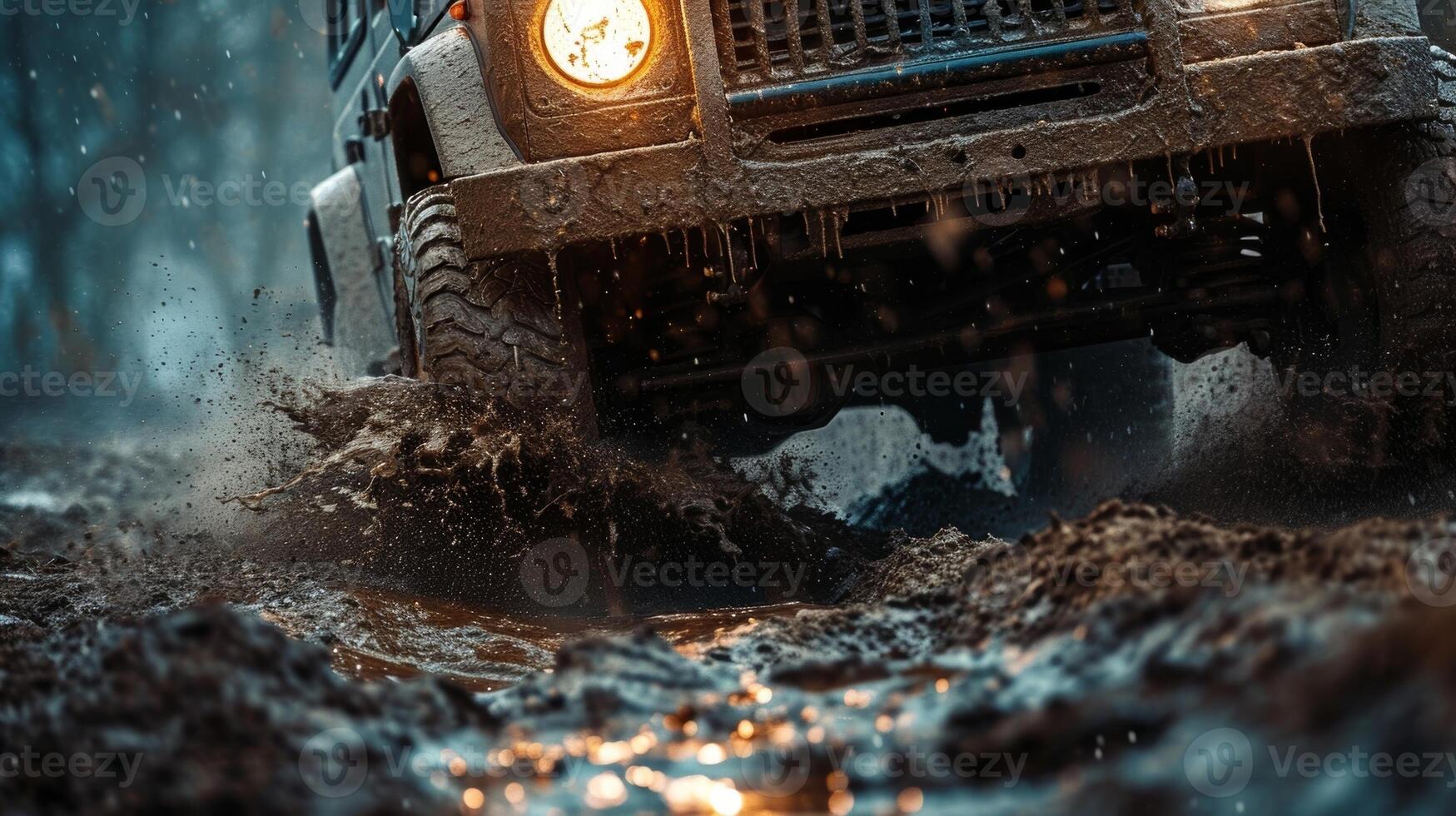 A zoomedin view of the front wheel of an offroad vehicle navigating through deep ruts and mud its headlights ting through the thick layer of dirt and showcasing its durability photo