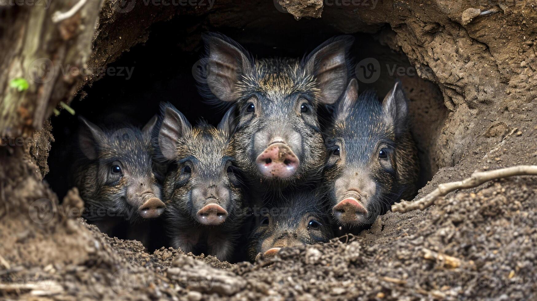 Closeup of a family of hogs huddled together inside an underground burrow their close proximity to one another providing comfort and protection photo