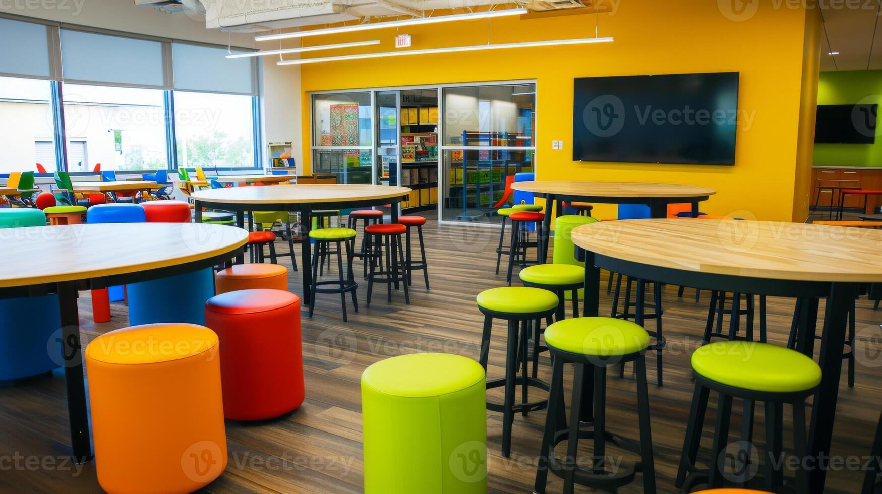 Bright yellow and green standing tables surrounded by colorful stools encouraging team members to have informal discussions and exchange ideas while standing and on thei photo